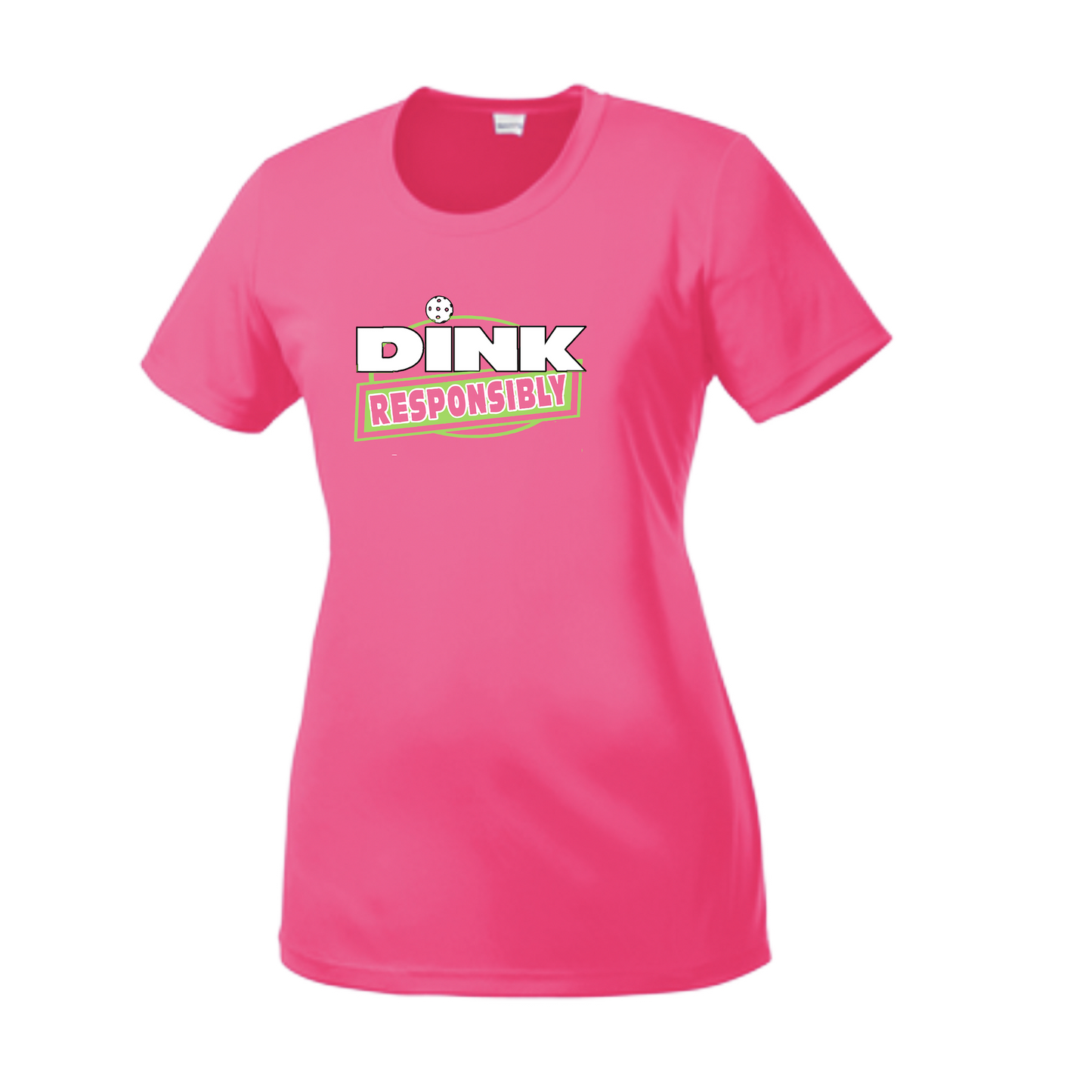 Pickleball Design: Dink Responsibly  Women's Style:  Short-Sleeve Crew-Neck  Shirts are lightweight, roomy and highly breathable. These moisture-wicking shirts are designed for athletic performance. They feature PosiCharge technology to lock in color and prevent logos from fading. Removable tag and set-in sleeves for comfort.