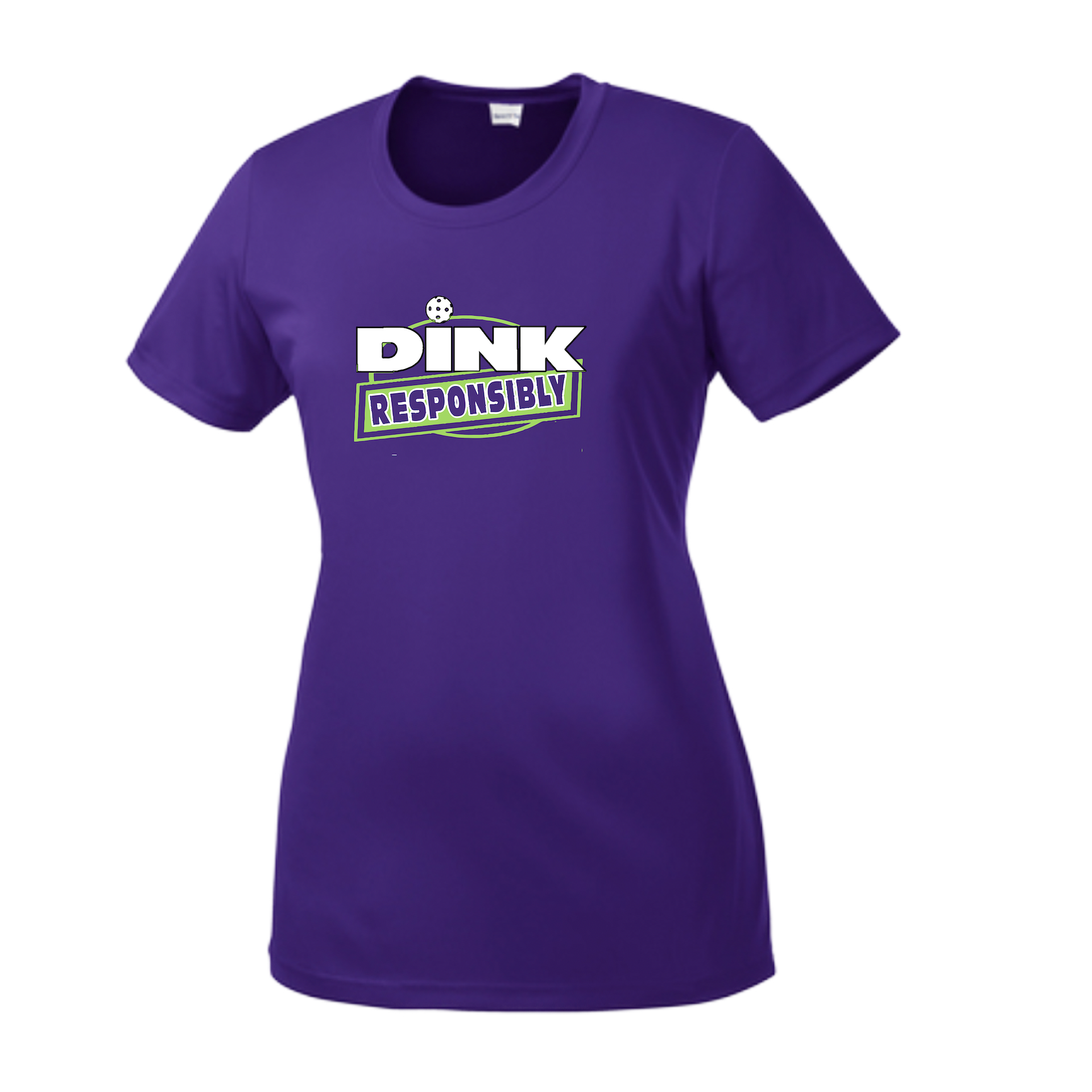 Pickleball Design: Dink Responsibly  Women's Style:  Short-Sleeve Crew-Neck  Shirts are lightweight, roomy and highly breathable. These moisture-wicking shirts are designed for athletic performance. They feature PosiCharge technology to lock in color and prevent logos from fading. Removable tag and set-in sleeves for comfort.