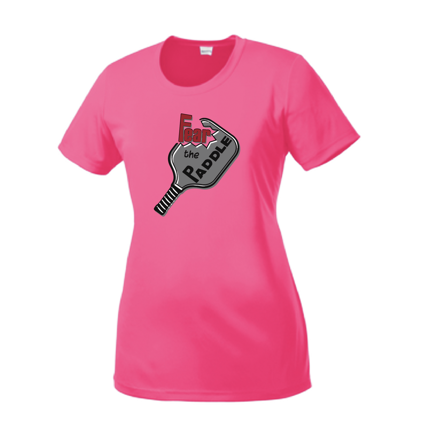 Pickleball Design: Fear the Paddle  Women's Style: Short Sleeve Crew-Neck  Turn up the volume in this Women's shirt with its perfect mix of softness and attitude. Material is ultra-comfortable with moisture wicking properties and tri-blend softness. PosiCharge technology locks in color. Highly breathable and lightweight.