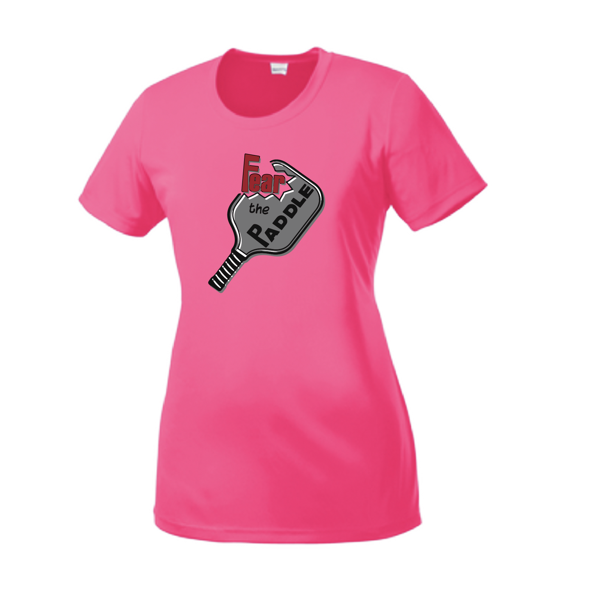 Pickleball Design: Fear the Paddle  Women's Style: Short Sleeve Crew-Neck  Turn up the volume in this Women's shirt with its perfect mix of softness and attitude. Material is ultra-comfortable with moisture wicking properties and tri-blend softness. PosiCharge technology locks in color. Highly breathable and lightweight.