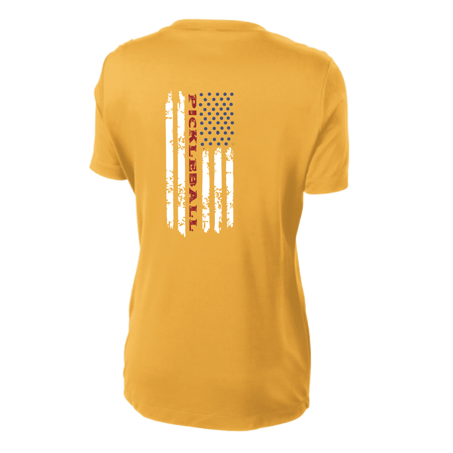 Pickleball Design: Flag Vertical on Front or Back of Shirt  Women's Style: Short-Sleeve Crew-Neck  Turn up the volume in this Women's shirt with its perfect mix of softness and attitude. Material is ultra-comfortable with moisture wicking properties and tri-blend softness. PosiCharge technology locks in color. Highly breathable and lightweight.