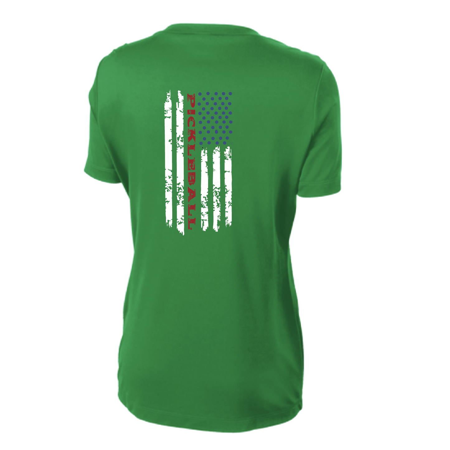 Pickleball Design: Flag Vertical on Front or Back of Shirt  Women's Style: Short-Sleeve Crew-Neck  Turn up the volume in this Women's shirt with its perfect mix of softness and attitude. Material is ultra-comfortable with moisture wicking properties and tri-blend softness. PosiCharge technology locks in color. Highly breathable and lightweight.