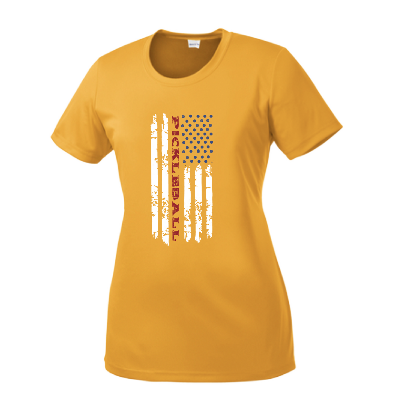 Pickleball Design: Flag Vertical on Front or Back of Shirt  Women's Style: Short-Sleeve Crew-Neck  Turn up the volume in this Women's shirt with its perfect mix of softness and attitude. Material is ultra-comfortable with moisture wicking properties and tri-blend softness. PosiCharge technology locks in color. Highly breathable and lightweight.