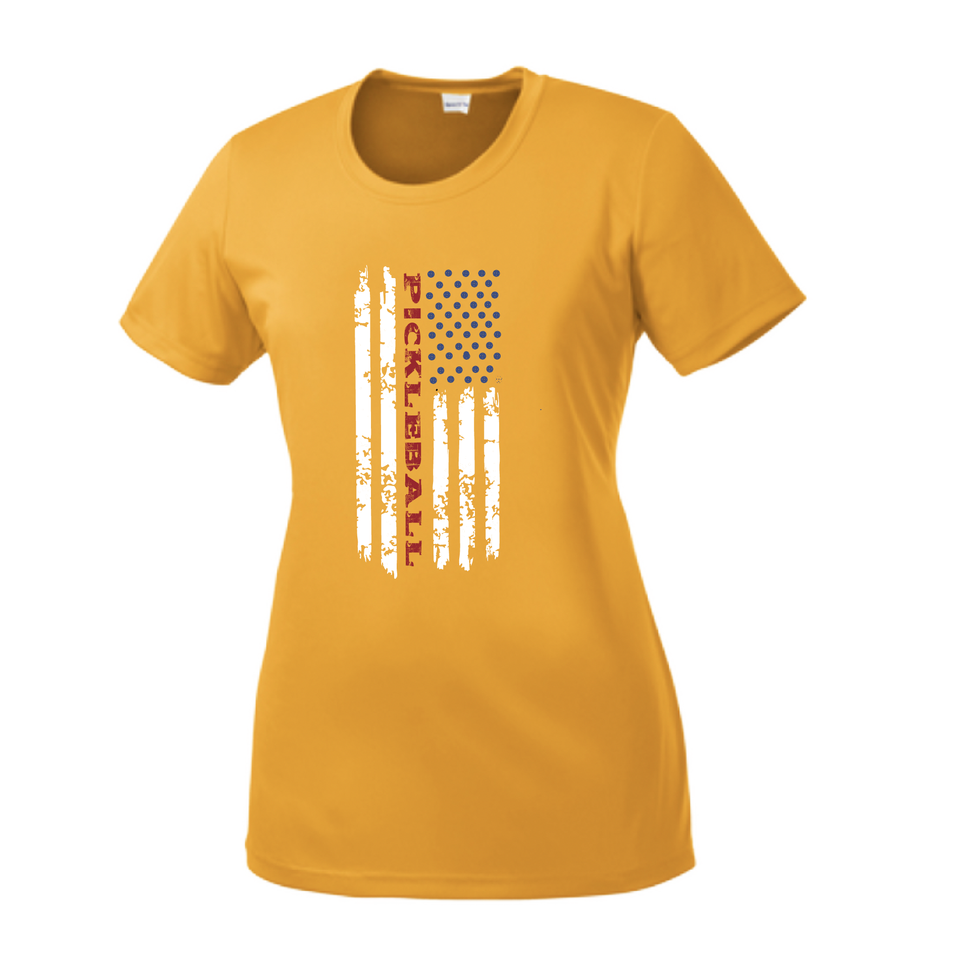 Pickleball Design: Flag Vertical on Front or Back of Shirt  Women's Style: Short-Sleeve Crew-Neck  Turn up the volume in this Women's shirt with its perfect mix of softness and attitude. Material is ultra-comfortable with moisture wicking properties and tri-blend softness. PosiCharge technology locks in color. Highly breathable and lightweight.