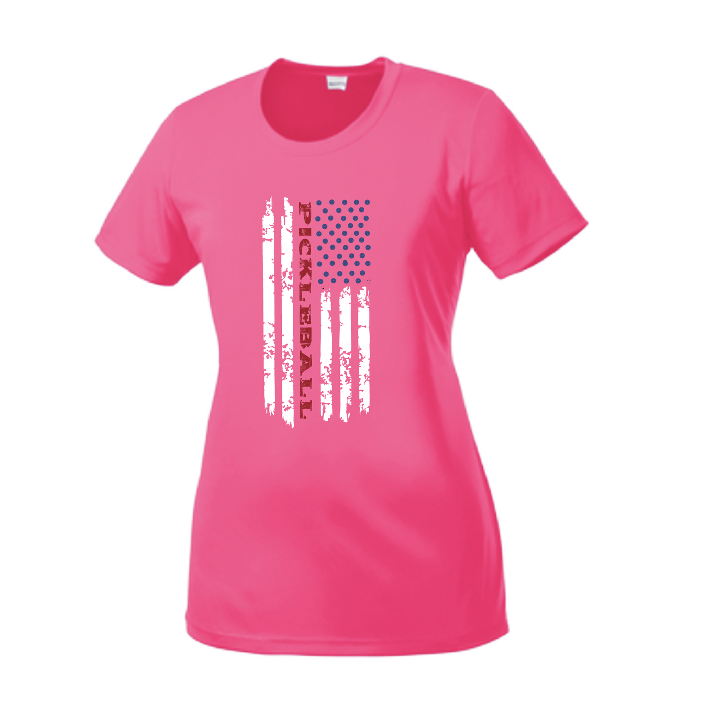 Pickleball Design: Flag Vertical on Front or Back of Shirt  Women's Style: Short-Sleeve Crew-Neck  Turn up the volume in this Women's shirt with its perfect mix of softness and attitude. Material is ultra-comfortable with moisture wicking properties and tri-blend softness. PosiCharge technology locks in color. Highly breathable and lightweight.