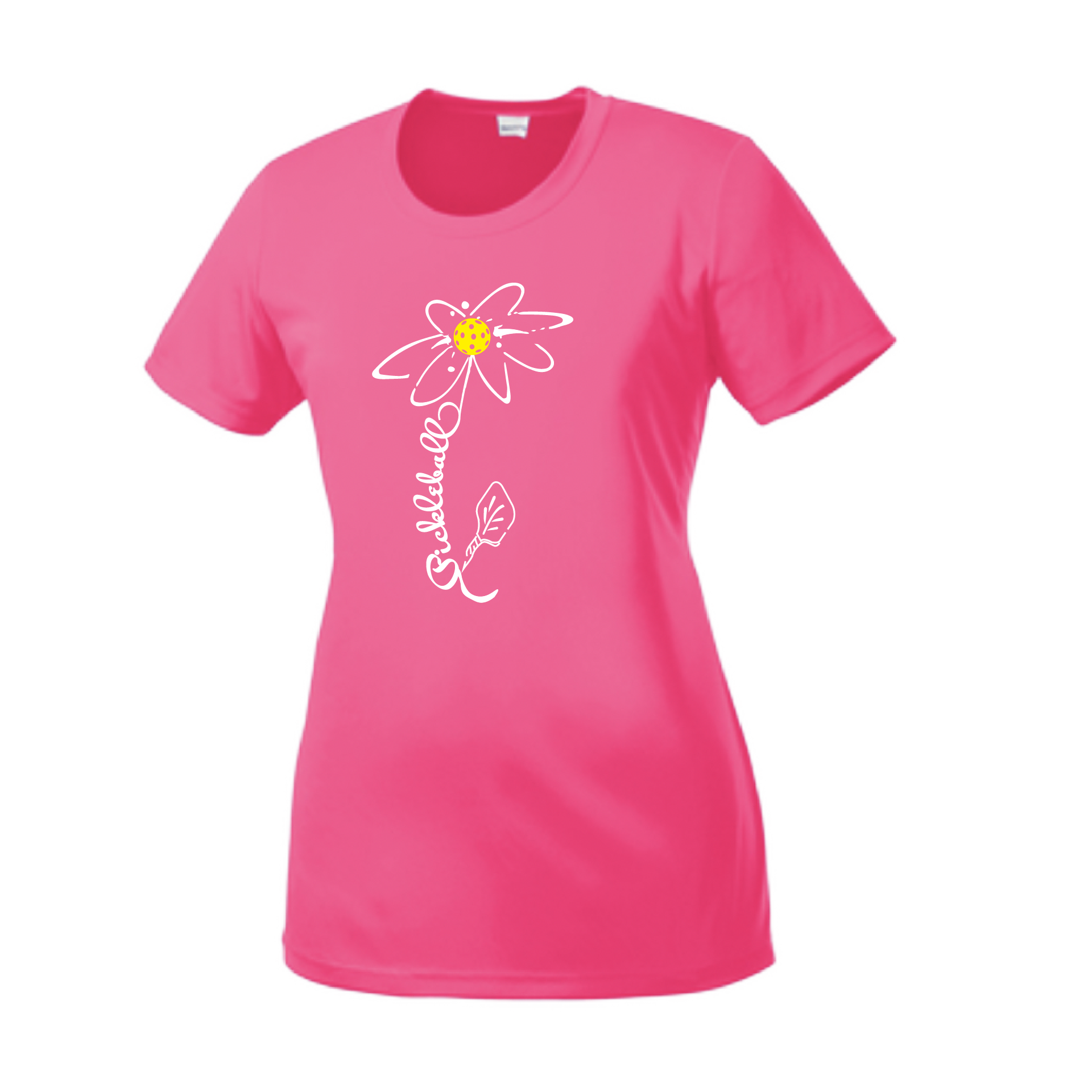 Pickleball Design: Pickleball Flower  Women's Style: Short Sleeve Crew-Neck  Turn up the volume in this Women's shirt with its perfect mix of softness and attitude. Material is ultra-comfortable with moisture wicking properties and tri-blend softness. PosiCharge technology locks in color. Highly breathable and lightweight.