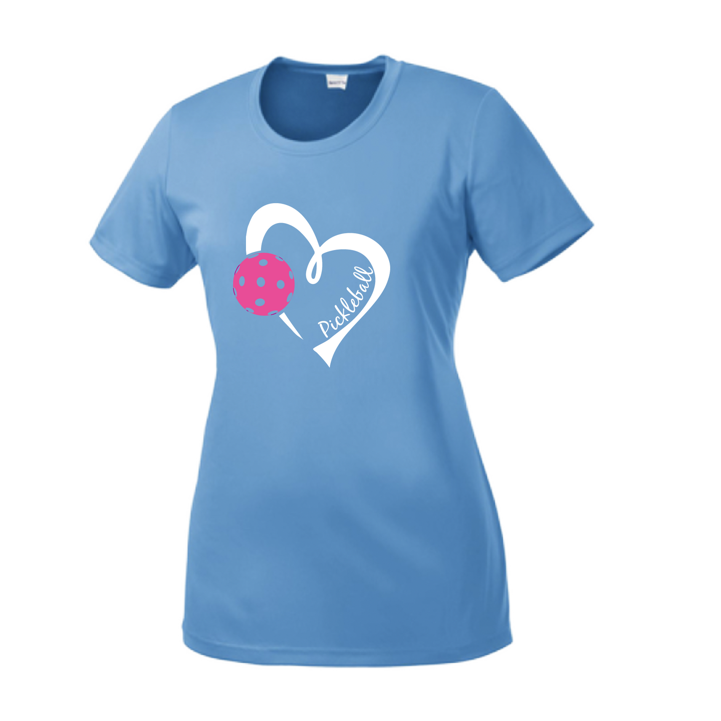 Pickleball Design: Heart with Pickleball  Women's Styles: Short Sleeve Crew-Neck  Turn up the volume in this Women's shirt with its perfect mix of softness and attitude. Material is ultra-comfortable with moisture wicking properties and tri-blend softness. PosiCharge technology locks in color. Highly breathable and lightweight.