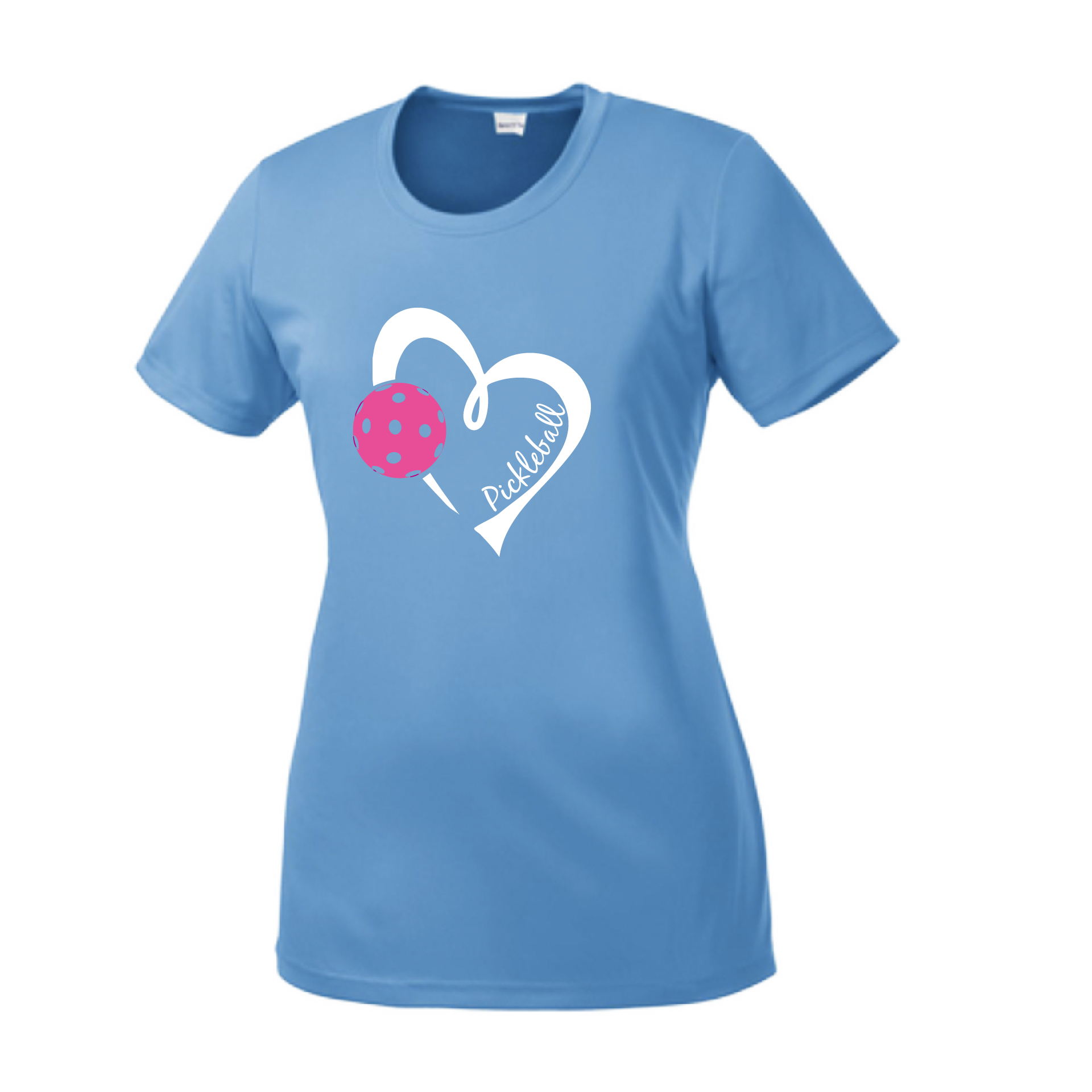 Pickleball Design: Heart with Pickleball  Women's Styles: Short Sleeve Crew-Neck  Turn up the volume in this Women's shirt with its perfect mix of softness and attitude. Material is ultra-comfortable with moisture wicking properties and tri-blend softness. PosiCharge technology locks in color. Highly breathable and lightweight.