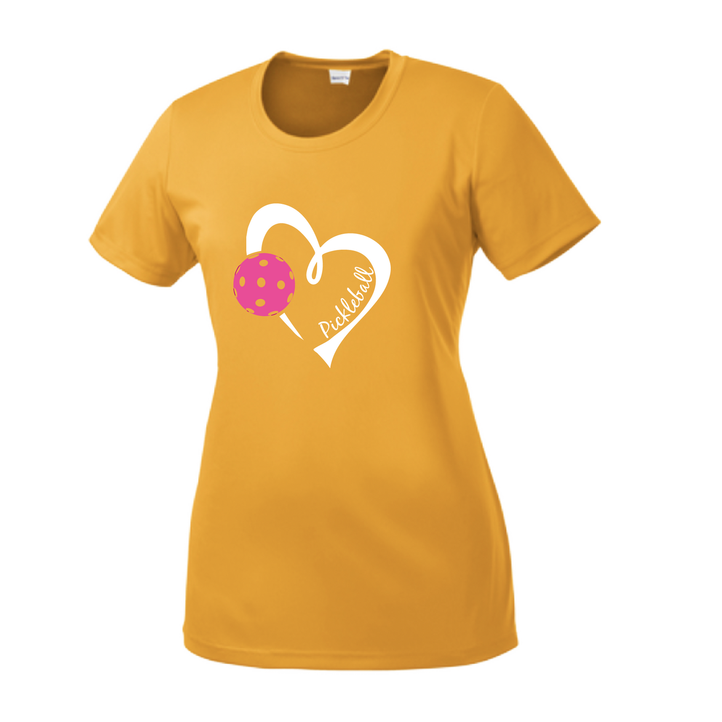 Pickleball Design: Heart with Pickleball  Women's Styles: Short Sleeve Crew-Neck  Turn up the volume in this Women's shirt with its perfect mix of softness and attitude. Material is ultra-comfortable with moisture wicking properties and tri-blend softness. PosiCharge technology locks in color. Highly breathable and lightweight.