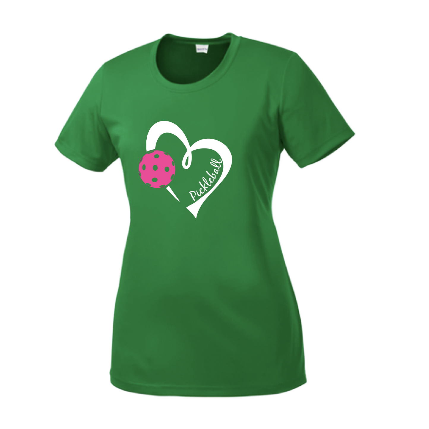 Pickleball Design: Heart with Pickleball  Women's Styles: Short Sleeve Crew-Neck  Turn up the volume in this Women's shirt with its perfect mix of softness and attitude. Material is ultra-comfortable with moisture wicking properties and tri-blend softness. PosiCharge technology locks in color. Highly breathable and lightweight.