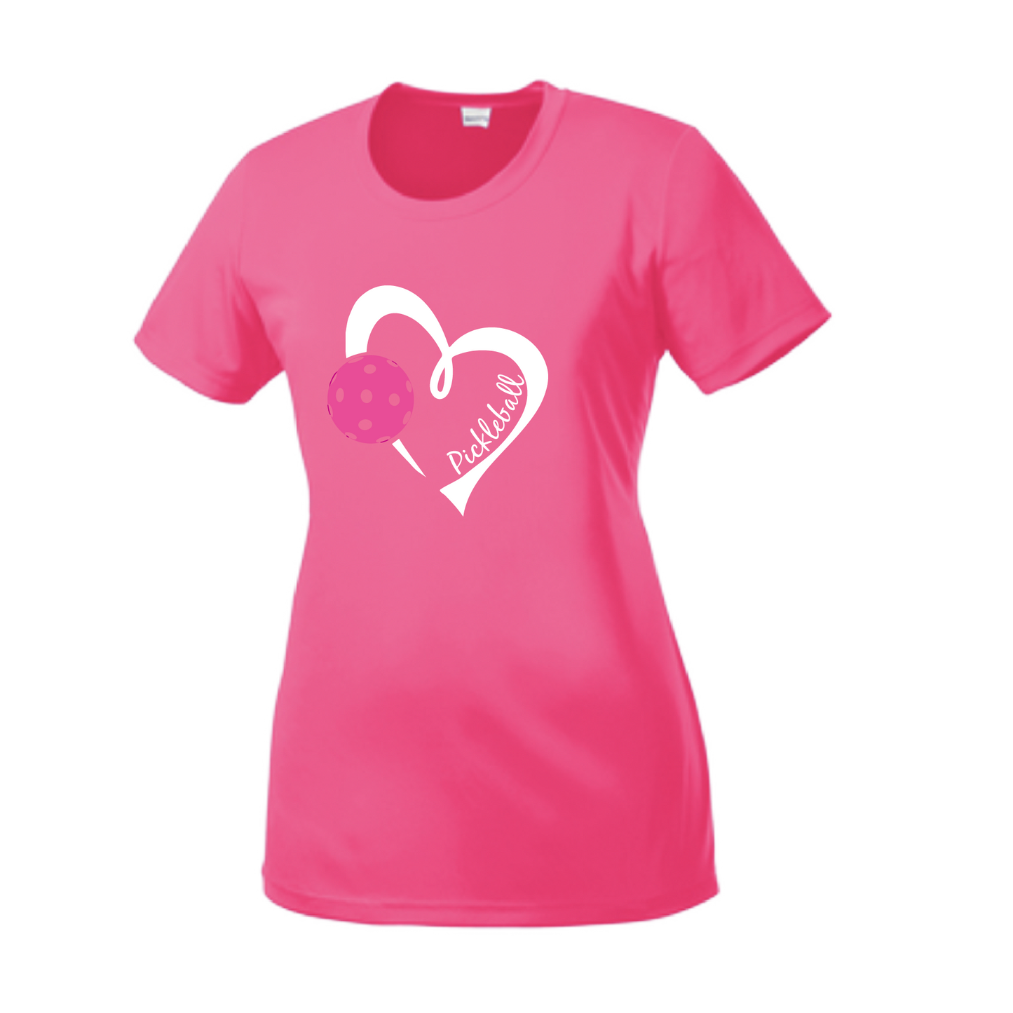 Pickleball Design: Heart with Pickleball  Women's Styles: Short Sleeve Crew-Neck  Turn up the volume in this Women's shirt with its perfect mix of softness and attitude. Material is ultra-comfortable with moisture wicking properties and tri-blend softness. PosiCharge technology locks in color. Highly breathable and lightweight.