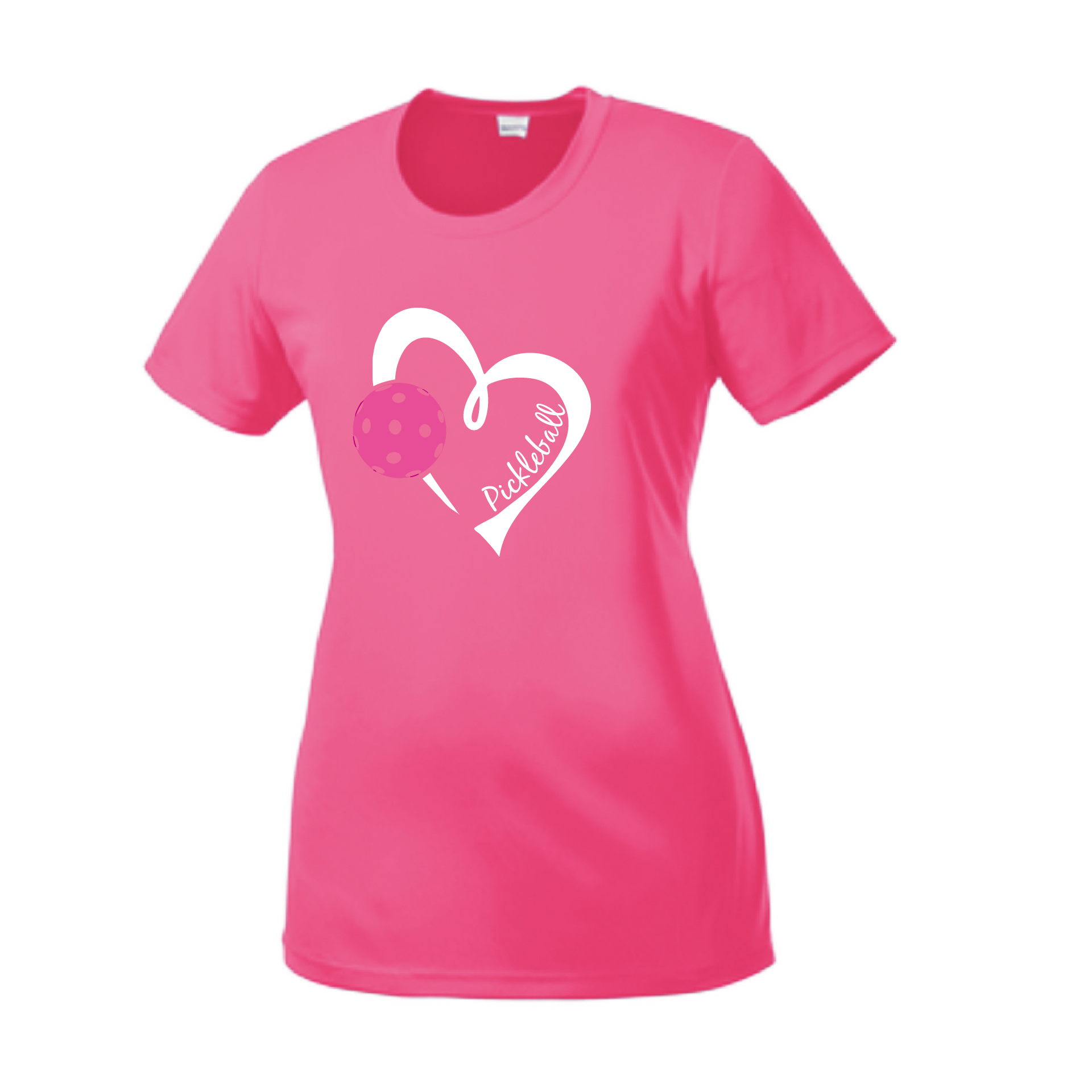 Pickleball Design: Heart with Pickleball  Women's Styles: Short Sleeve Crew-Neck  Turn up the volume in this Women's shirt with its perfect mix of softness and attitude. Material is ultra-comfortable with moisture wicking properties and tri-blend softness. PosiCharge technology locks in color. Highly breathable and lightweight.