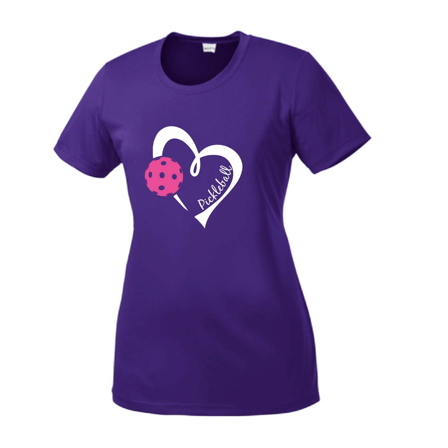 Pickleball Design: Heart with Pickleball  Women's Styles: Short Sleeve Crew-Neck  Turn up the volume in this Women's shirt with its perfect mix of softness and attitude. Material is ultra-comfortable with moisture wicking properties and tri-blend softness. PosiCharge technology locks in color. Highly breathable and lightweight.