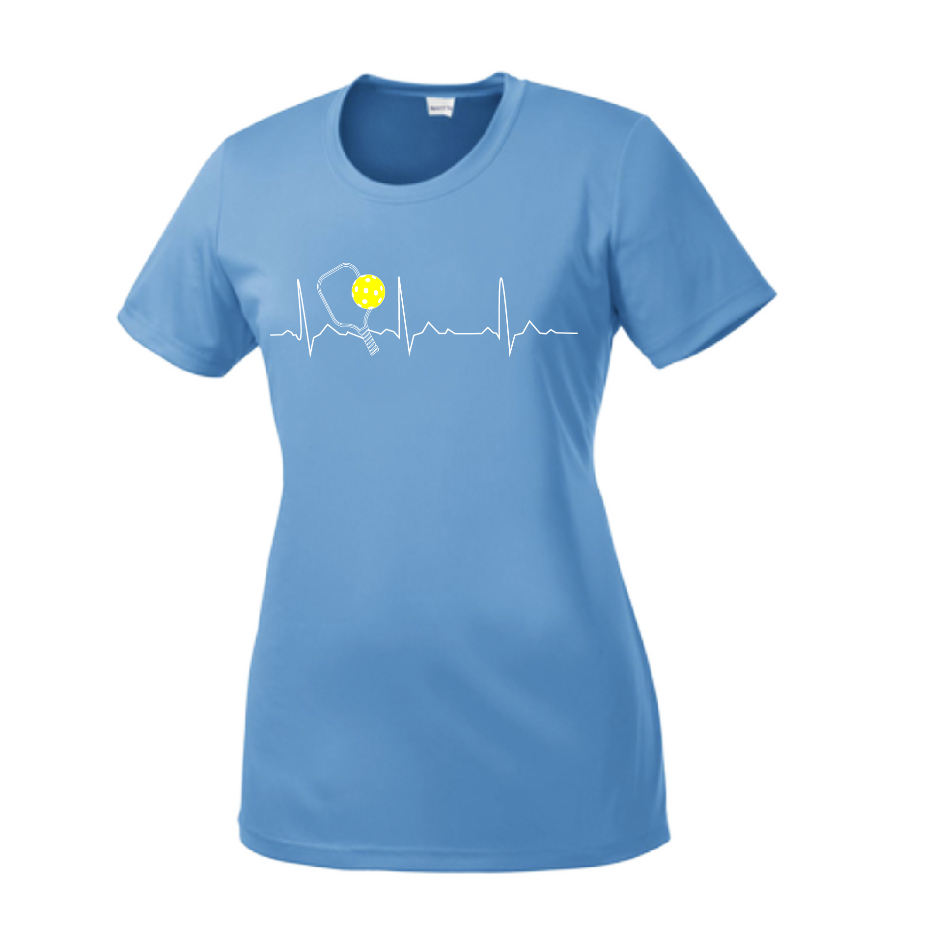 Pickleball Design: Heartbeat  Women's Style: Short Sleeve Crew-Neck  Turn up the volume in this Women's shirt with its perfect mix of softness and attitude. Material is ultra-comfortable with moisture wicking properties and tri-blend softness. PosiCharge technology locks in color. Highly breathable and lightweight.