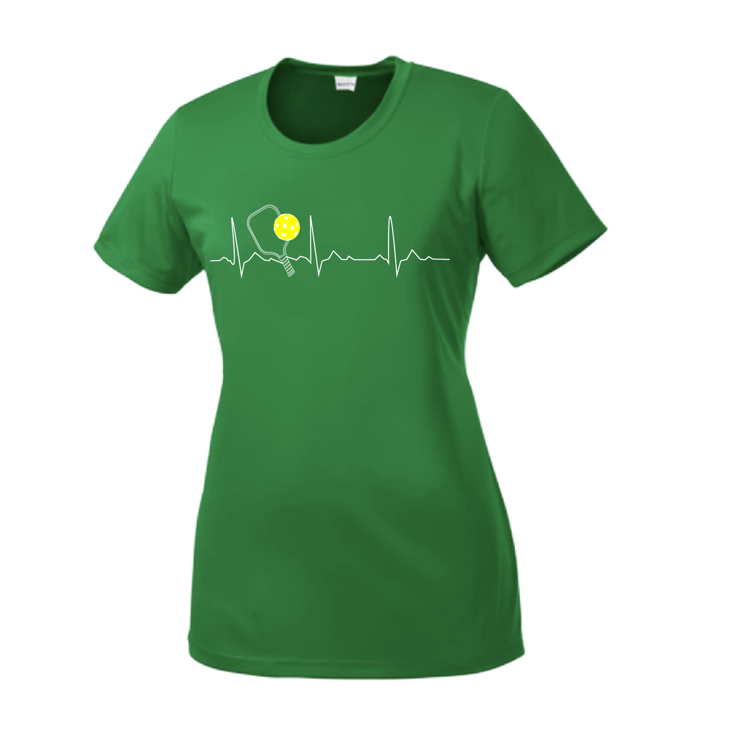 Pickleball Design: Heartbeat  Women's Style: Short Sleeve Crew-Neck  Turn up the volume in this Women's shirt with its perfect mix of softness and attitude. Material is ultra-comfortable with moisture wicking properties and tri-blend softness. PosiCharge technology locks in color. Highly breathable and lightweight.