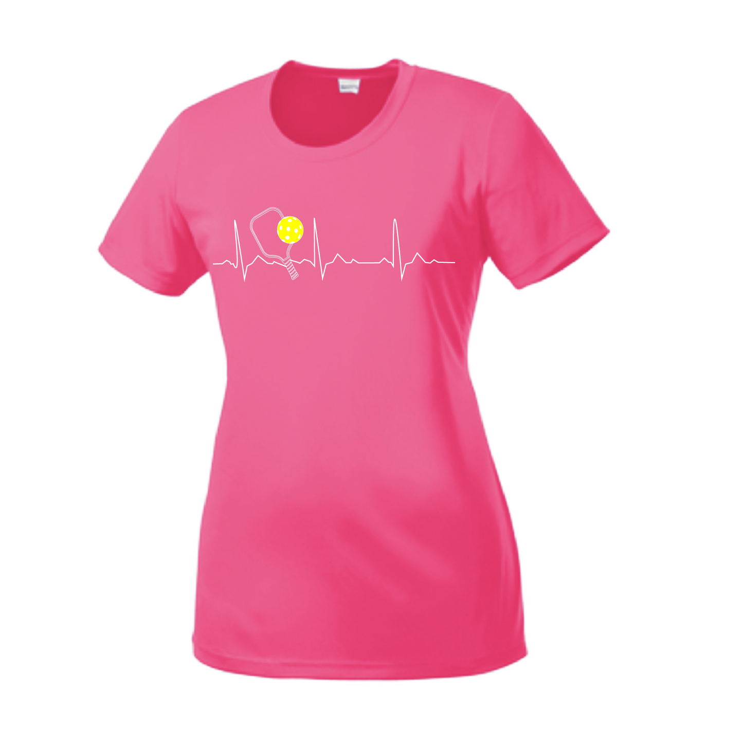 Pickleball Design: Heartbeat  Women's Style: Short Sleeve Crew-Neck  Turn up the volume in this Women's shirt with its perfect mix of softness and attitude. Material is ultra-comfortable with moisture wicking properties and tri-blend softness. PosiCharge technology locks in color. Highly breathable and lightweight.