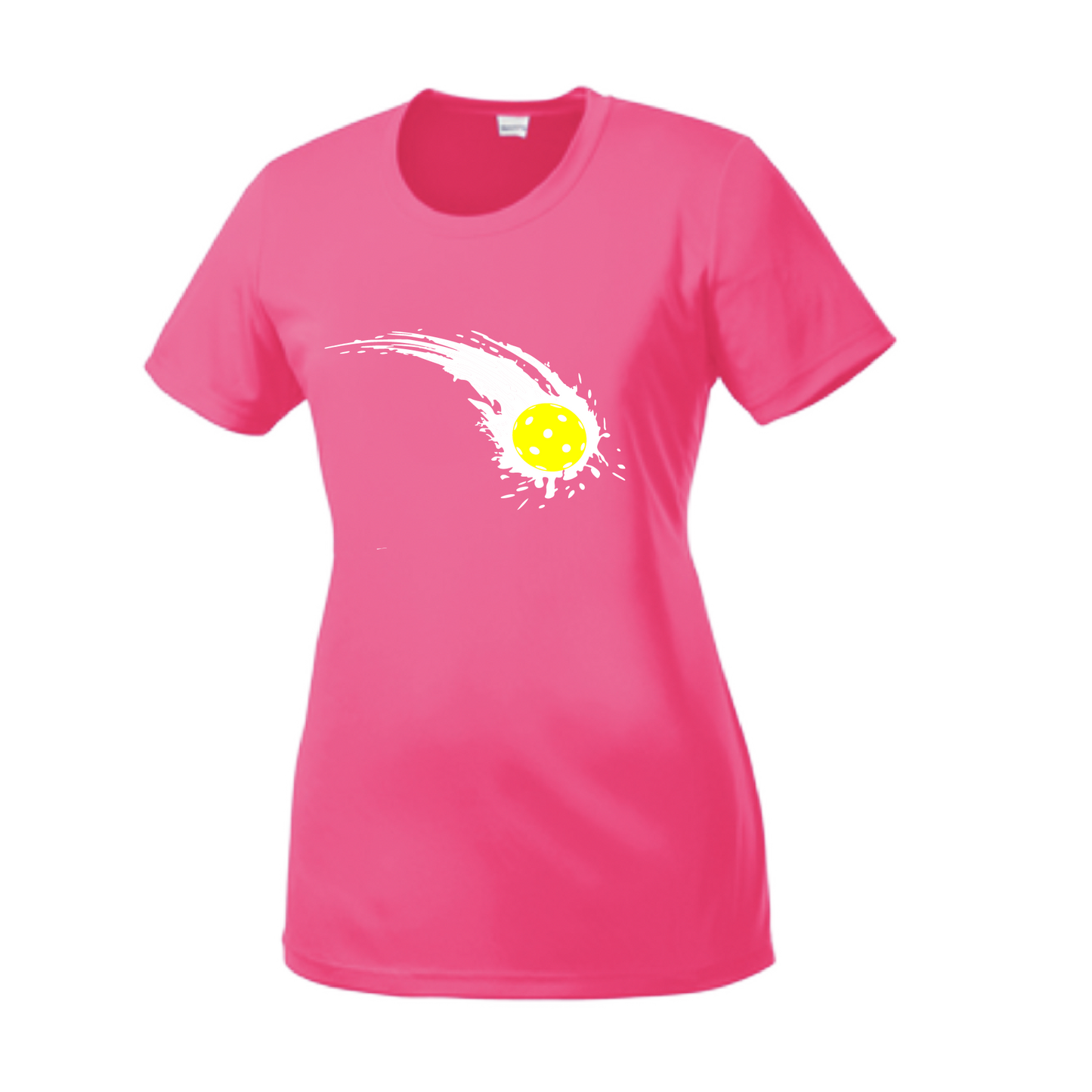 Pickleball Design: Impact  Women's Style: Short Sleeve Crew-Neck  Turn up the volume in this Women's shirt with its perfect mix of softness and attitude. Material is ultra-comfortable with moisture wicking properties and tri-blend softness. PosiCharge technology locks in color. Highly breathable and lightweight.