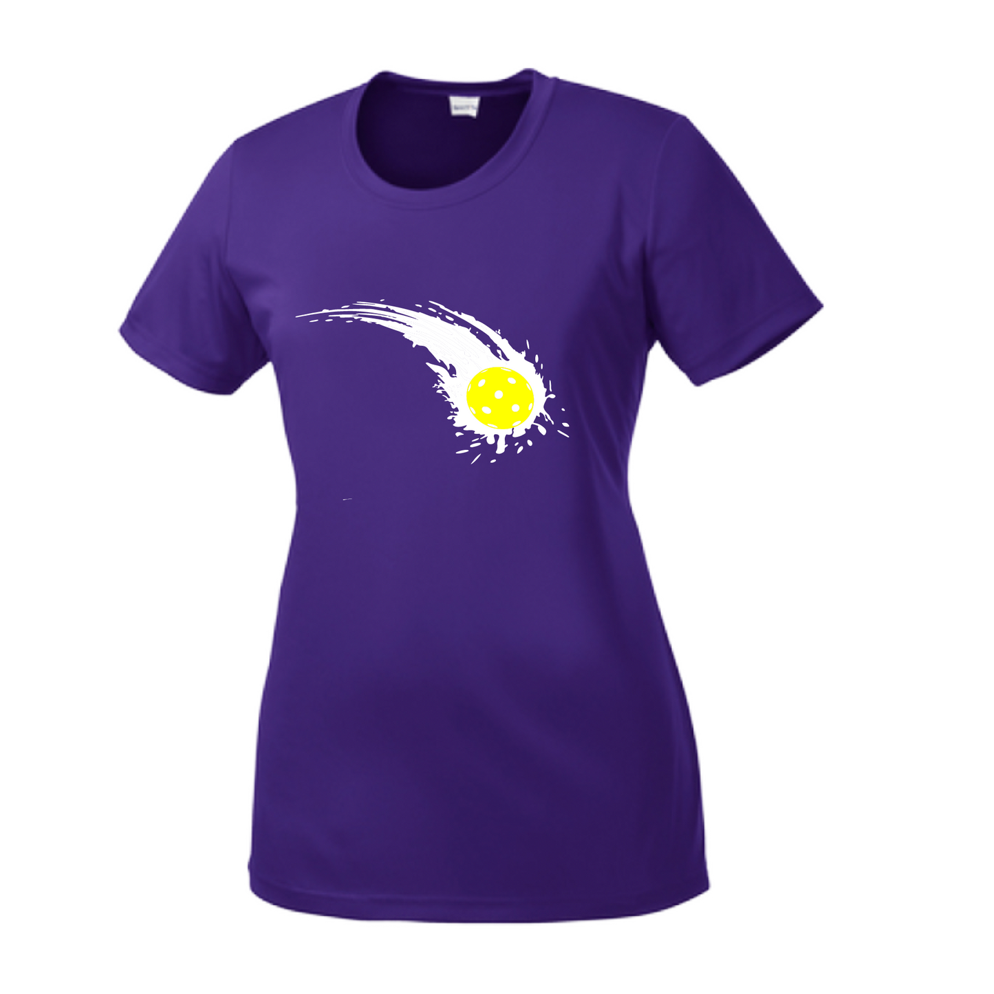 Pickleball Design: Impact  Women's Style: Short Sleeve Crew-Neck  Turn up the volume in this Women's shirt with its perfect mix of softness and attitude. Material is ultra-comfortable with moisture wicking properties and tri-blend softness. PosiCharge technology locks in color. Highly breathable and lightweight.