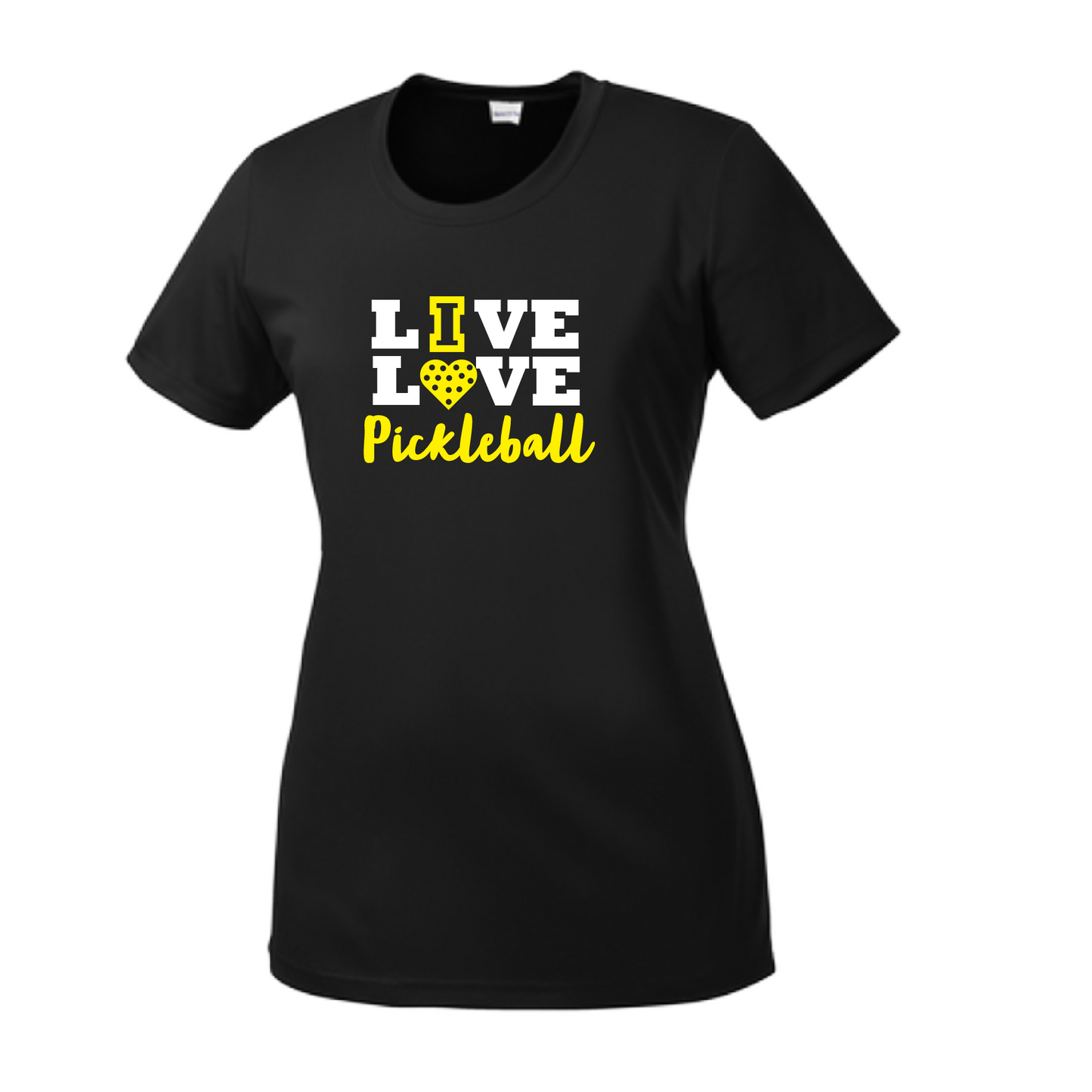 Pickleball Design: Live Love Pickleball  Women's Style: Short Sleeve Crew-Neck  Turn up the volume in this Women's shirt with its perfect mix of softness and attitude. Material is ultra-comfortable with moisture wicking properties and tri-blend softness. PosiCharge technology locks in color. Highly breathable and lightweight.