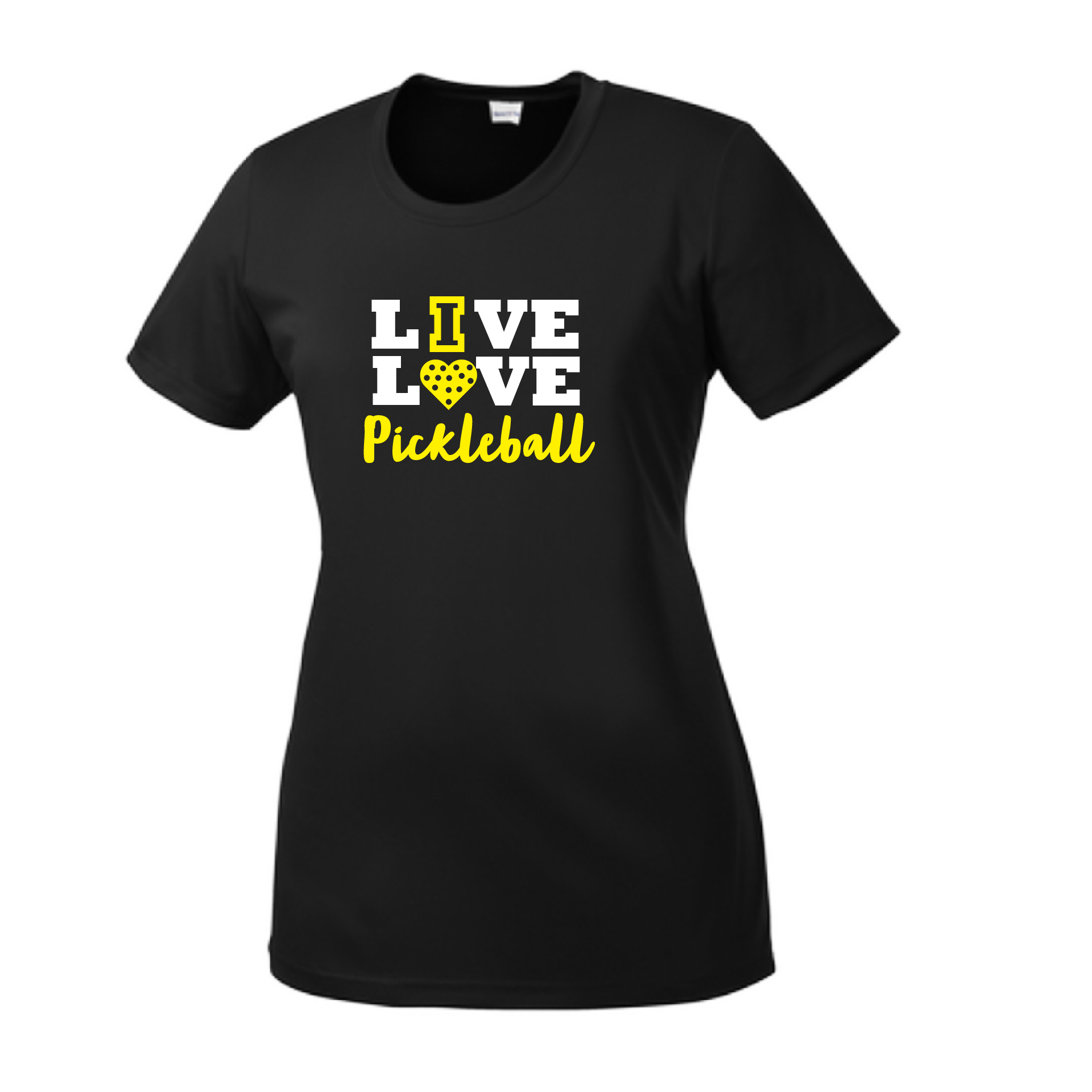 Pickleball Design: Live Love Pickleball  Women's Style: Short Sleeve Crew-Neck  Turn up the volume in this Women's shirt with its perfect mix of softness and attitude. Material is ultra-comfortable with moisture wicking properties and tri-blend softness. PosiCharge technology locks in color. Highly breathable and lightweight.