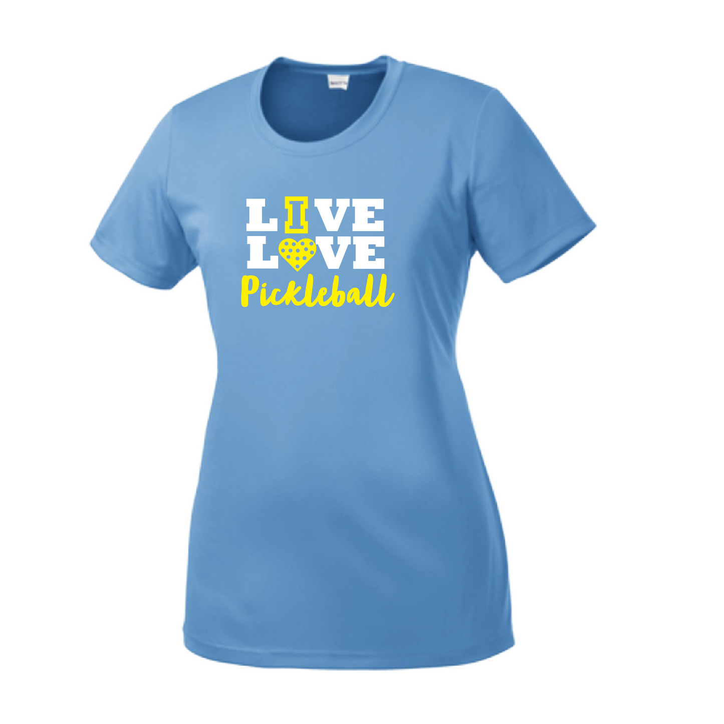 Pickleball Design: Live Love Pickleball  Women's Style: Short Sleeve Crew-Neck  Turn up the volume in this Women's shirt with its perfect mix of softness and attitude. Material is ultra-comfortable with moisture wicking properties and tri-blend softness. PosiCharge technology locks in color. Highly breathable and lightweight.