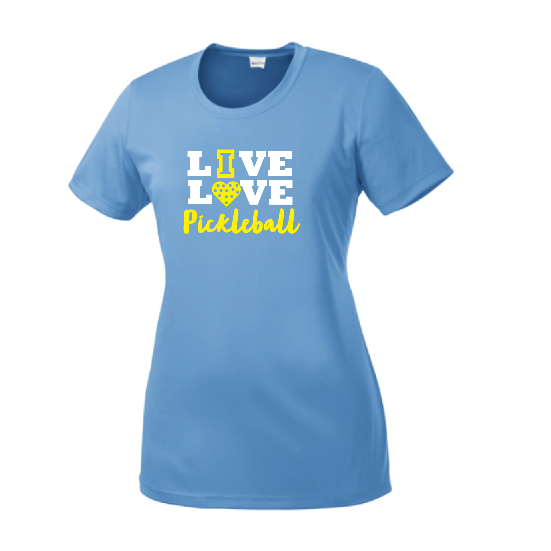 Pickleball Design: Live Love Pickleball  Women's Style: Short Sleeve Crew-Neck  Turn up the volume in this Women's shirt with its perfect mix of softness and attitude. Material is ultra-comfortable with moisture wicking properties and tri-blend softness. PosiCharge technology locks in color. Highly breathable and lightweight.