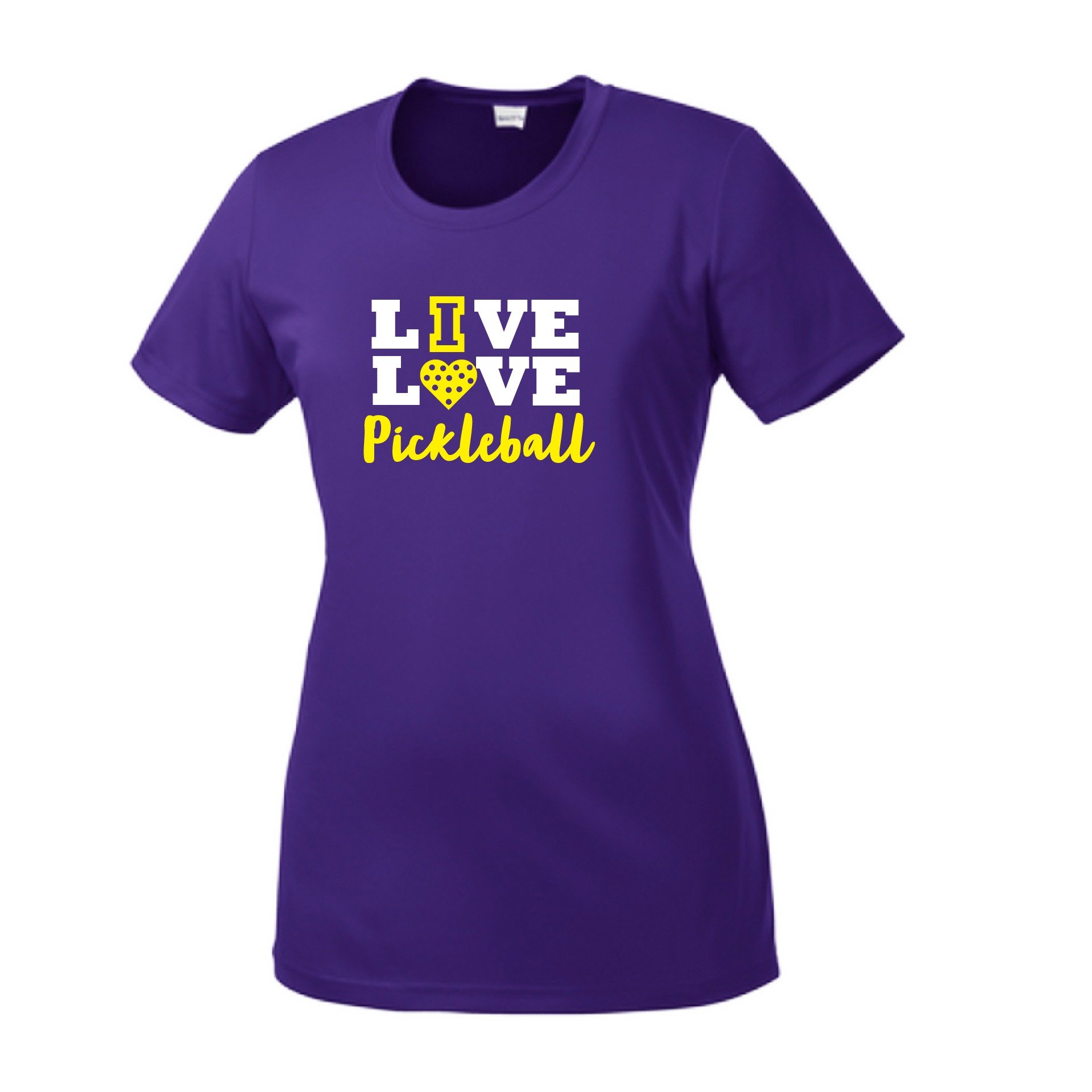 Pickleball Design: Live Love Pickleball  Women's Style: Short Sleeve Crew-Neck  Turn up the volume in this Women's shirt with its perfect mix of softness and attitude. Material is ultra-comfortable with moisture wicking properties and tri-blend softness. PosiCharge technology locks in color. Highly breathable and lightweight.