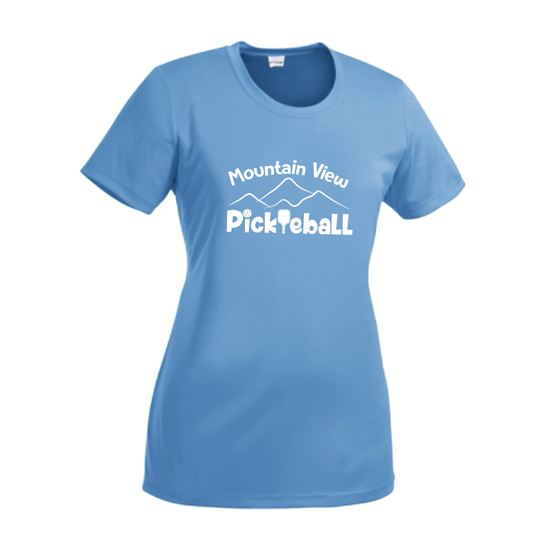 Pickleball Design: Mountain View Pickleball Club  Women's Style: Short-Sleeve Crew-Neck  Turn up the volume in this Women's shirt with its perfect mix of softness and attitude. Material is ultra-comfortable with moisture wicking properties and tri-blend softness. PosiCharge technology locks in color. Highly breathable and lightweight.