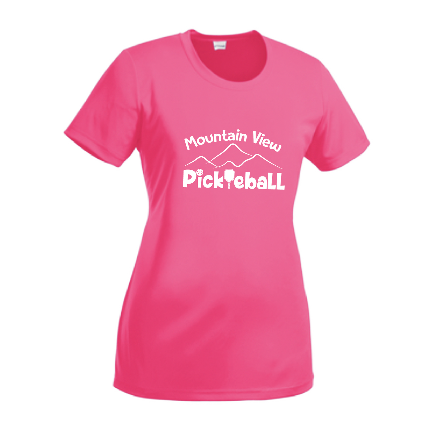 Pickleball Design: Mountain View Pickleball Club  Women's Style: Short-Sleeve Crew-Neck  Turn up the volume in this Women's shirt with its perfect mix of softness and attitude. Material is ultra-comfortable with moisture wicking properties and tri-blend softness. PosiCharge technology locks in color. Highly breathable and lightweight.