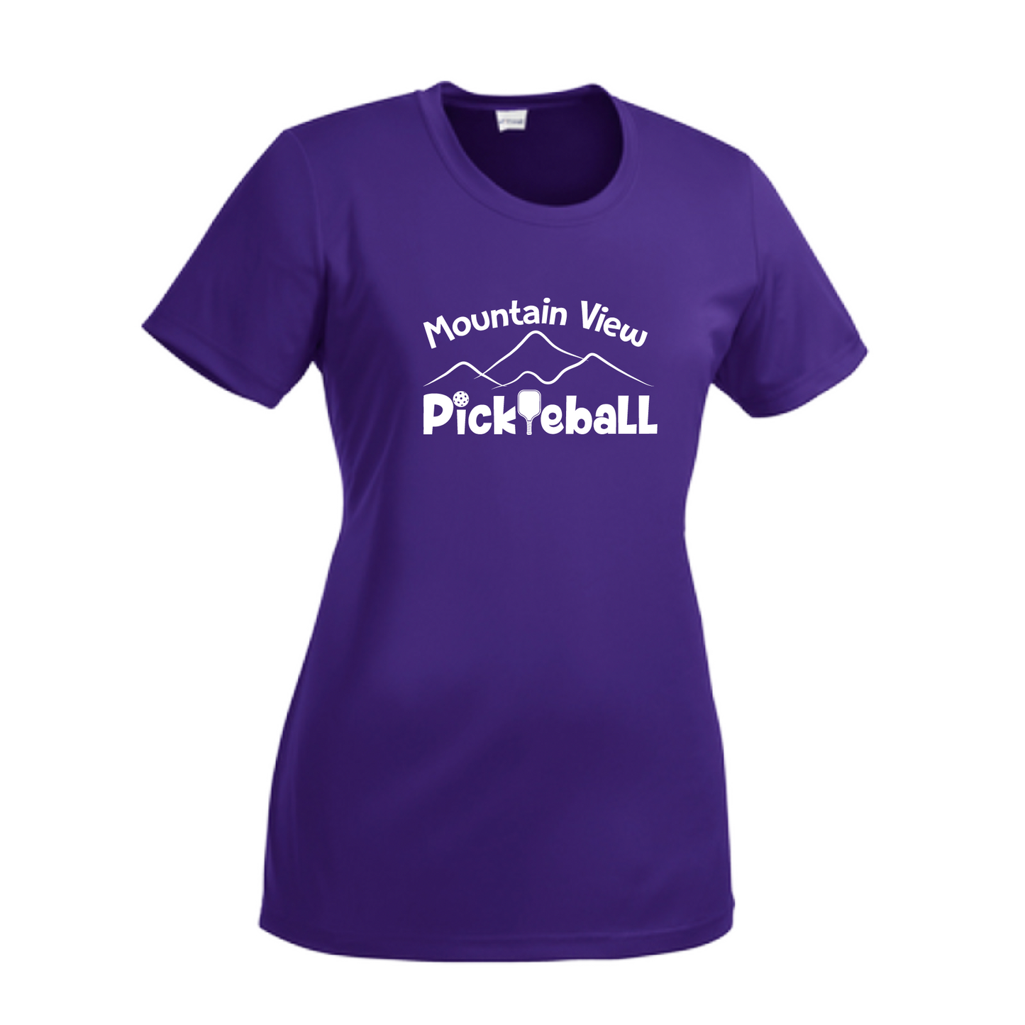 Pickleball Design: Mountain View Pickleball Club  Women's Style: Short-Sleeve Crew-Neck  Turn up the volume in this Women's shirt with its perfect mix of softness and attitude. Material is ultra-comfortable with moisture wicking properties and tri-blend softness. PosiCharge technology locks in color. Highly breathable and lightweight.