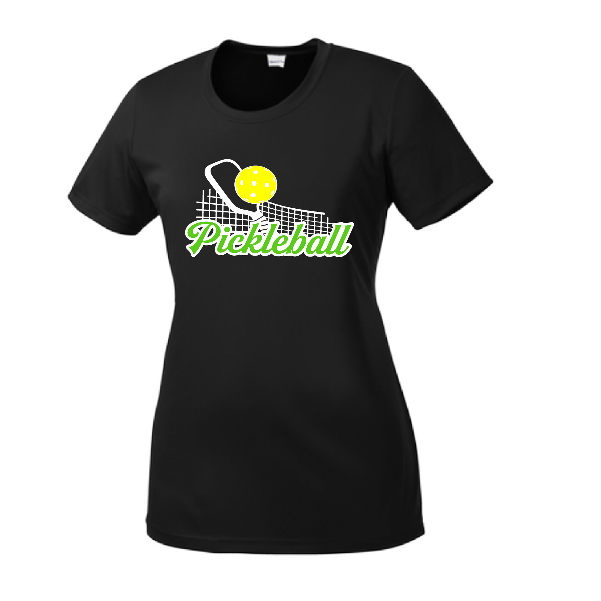 Pickleball Design: Pickleball and Net  Women's Style: Short Sleeve Crew-Neck  Turn up the volume in this Women's shirt with its perfect mix of softness and attitude. Material is ultra-comfortable with moisture wicking properties and tri-blend softness. PosiCharge technology locks in color. Highly breathable and lightweight.