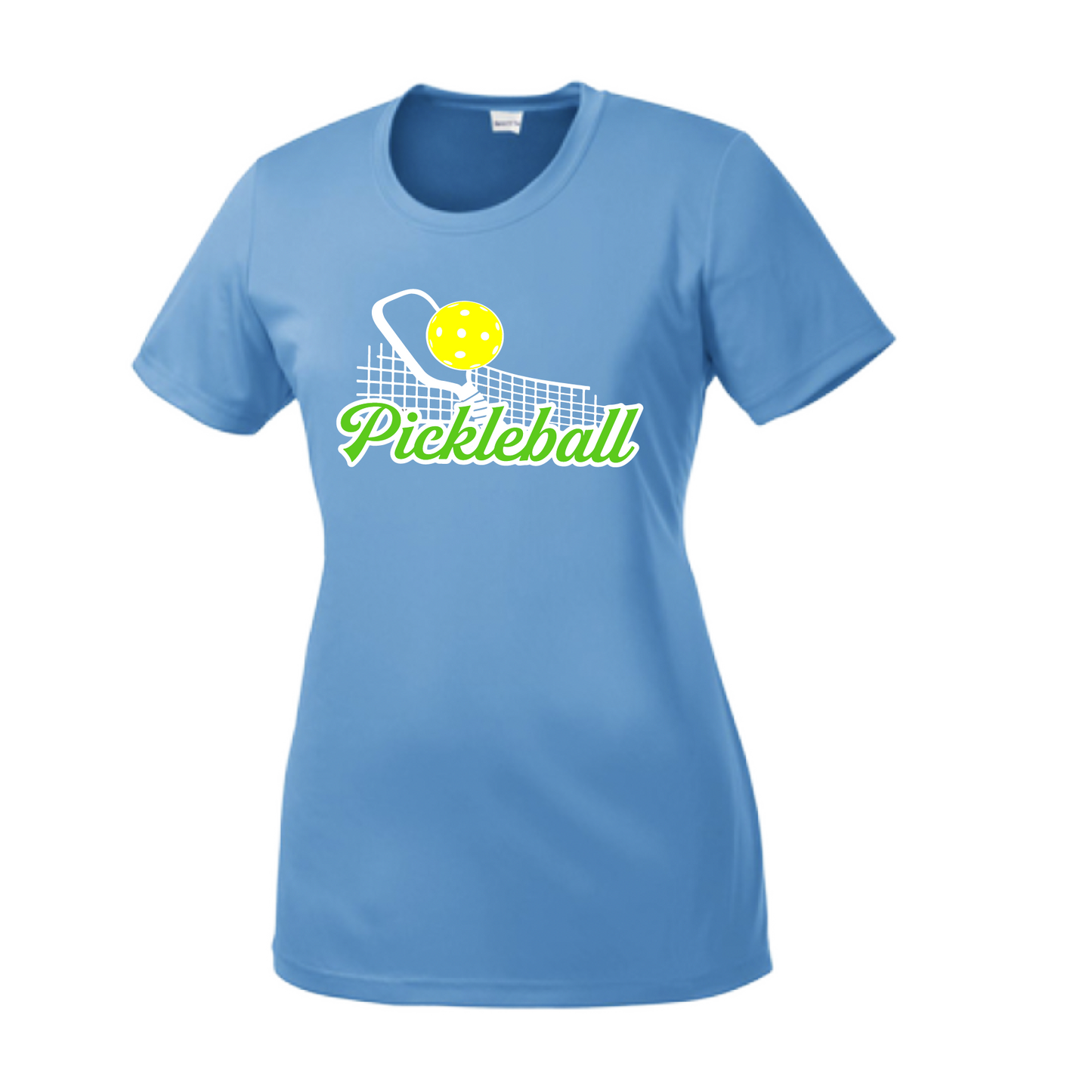 Pickleball Design: Pickleball and Net  Women's Style: Short Sleeve Crew-Neck  Turn up the volume in this Women's shirt with its perfect mix of softness and attitude. Material is ultra-comfortable with moisture wicking properties and tri-blend softness. PosiCharge technology locks in color. Highly breathable and lightweight.