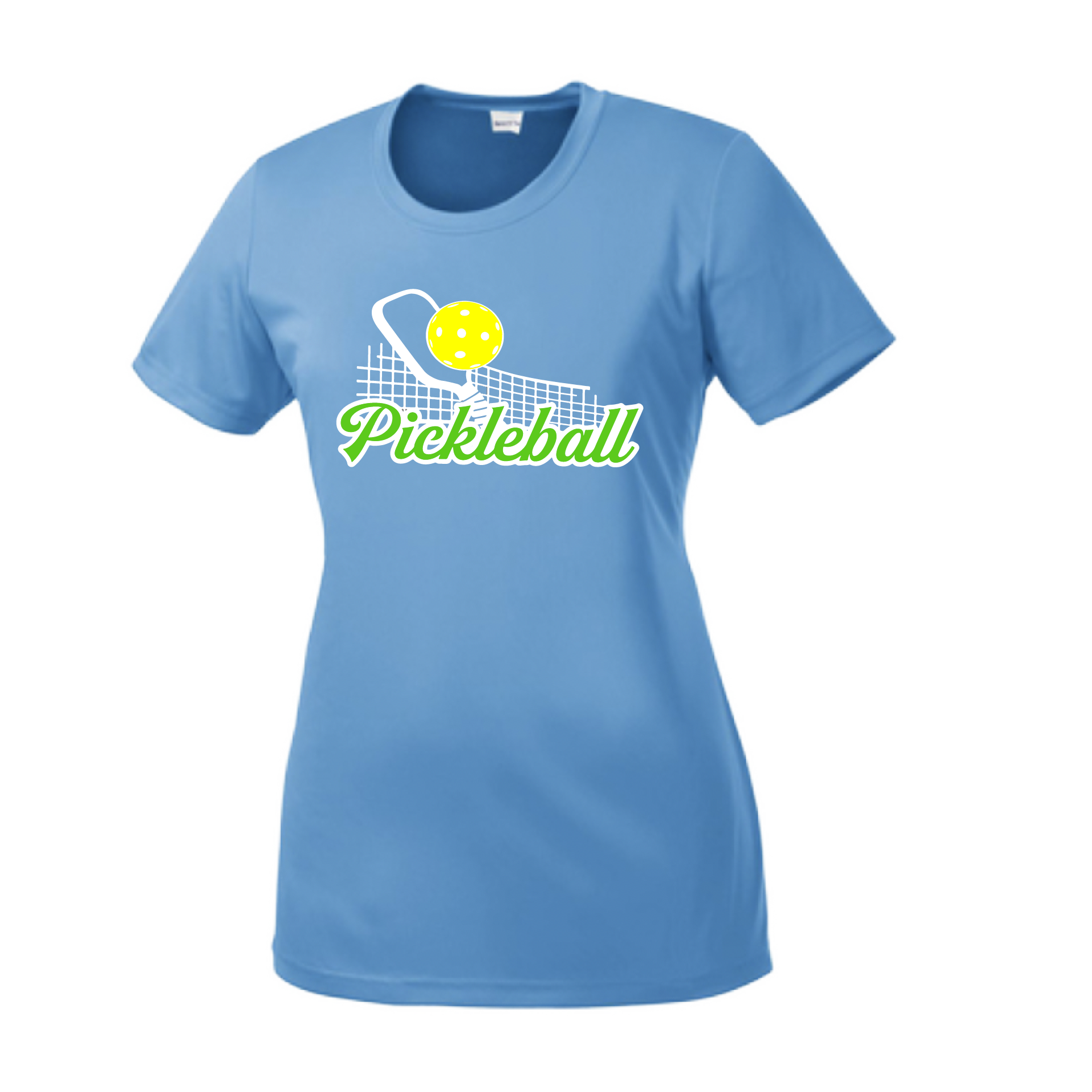 Pickleball Design: Pickleball and Net  Women's Style: Short Sleeve Crew-Neck  Turn up the volume in this Women's shirt with its perfect mix of softness and attitude. Material is ultra-comfortable with moisture wicking properties and tri-blend softness. PosiCharge technology locks in color. Highly breathable and lightweight.