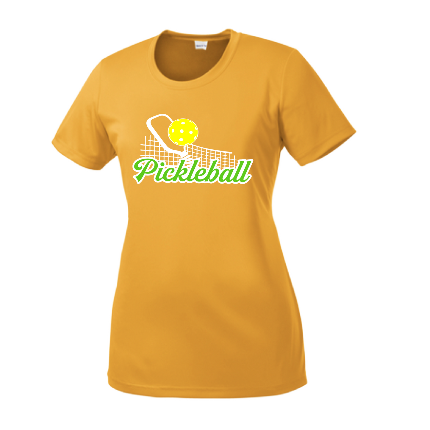 Pickleball Design: Pickleball and Net  Women's Style: Short Sleeve Crew-Neck  Turn up the volume in this Women's shirt with its perfect mix of softness and attitude. Material is ultra-comfortable with moisture wicking properties and tri-blend softness. PosiCharge technology locks in color. Highly breathable and lightweight.