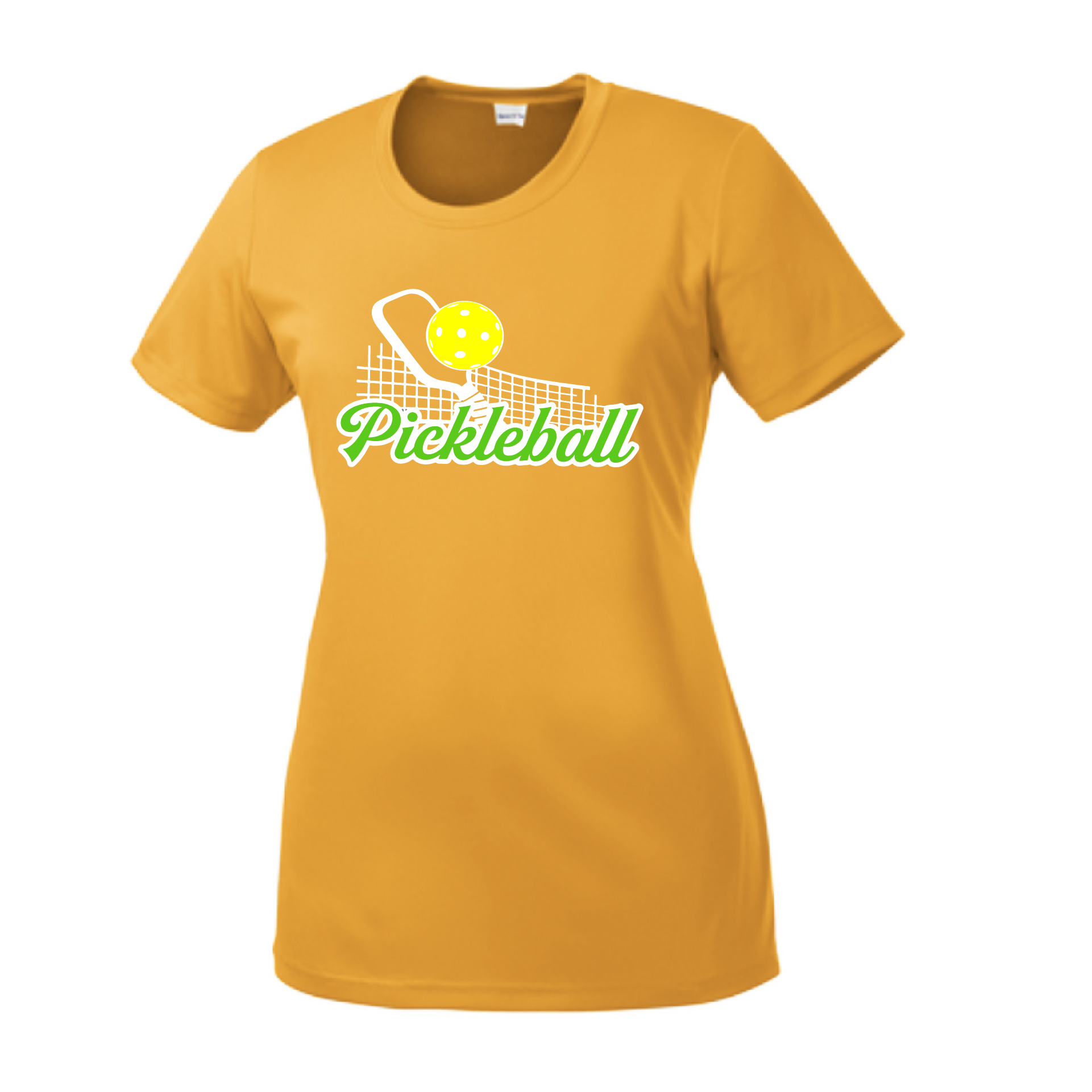 Pickleball Design: Pickleball and Net  Women's Style: Short Sleeve Crew-Neck  Turn up the volume in this Women's shirt with its perfect mix of softness and attitude. Material is ultra-comfortable with moisture wicking properties and tri-blend softness. PosiCharge technology locks in color. Highly breathable and lightweight.