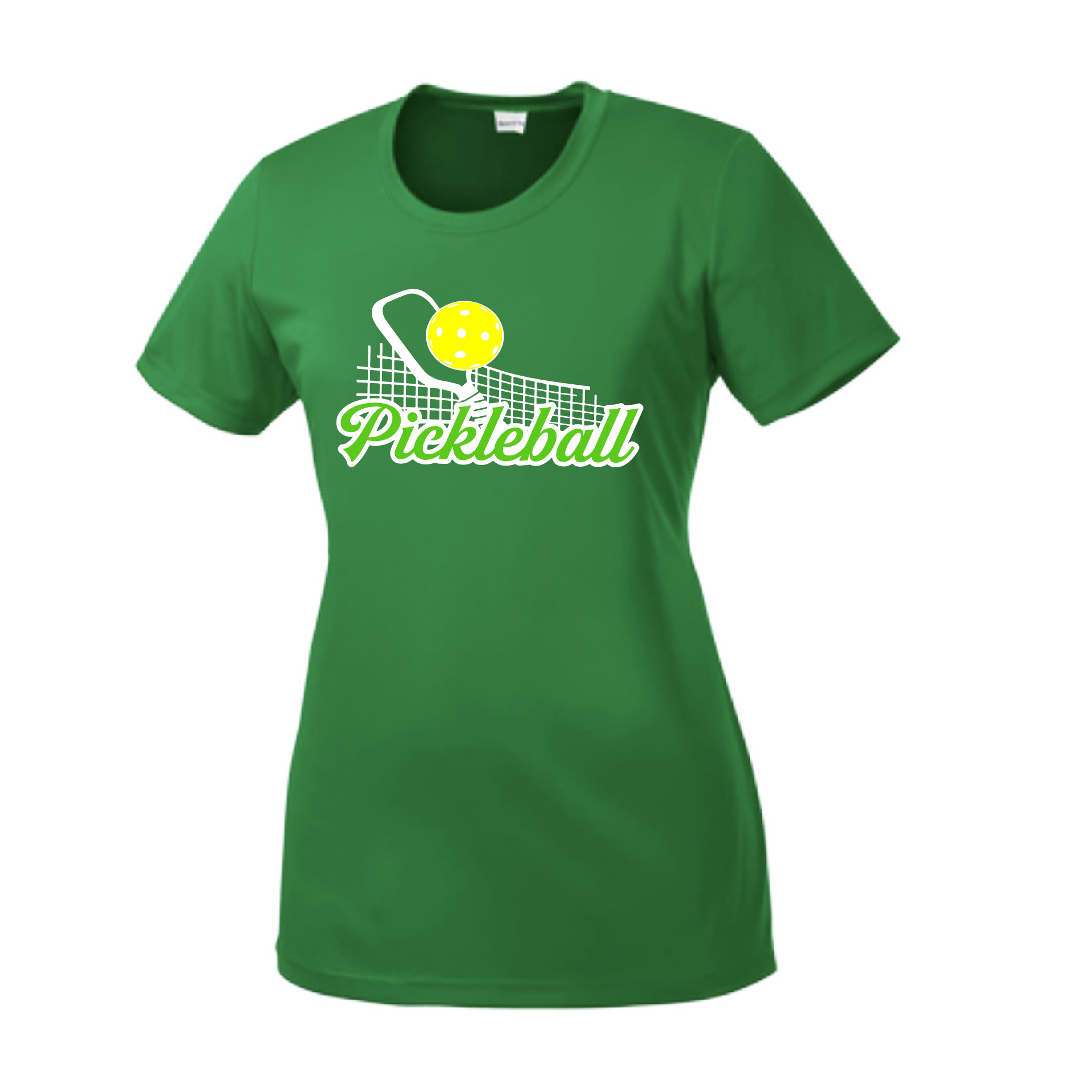 Pickleball Design: Pickleball and Net  Women's Style: Short Sleeve Crew-Neck  Turn up the volume in this Women's shirt with its perfect mix of softness and attitude. Material is ultra-comfortable with moisture wicking properties and tri-blend softness. PosiCharge technology locks in color. Highly breathable and lightweight.