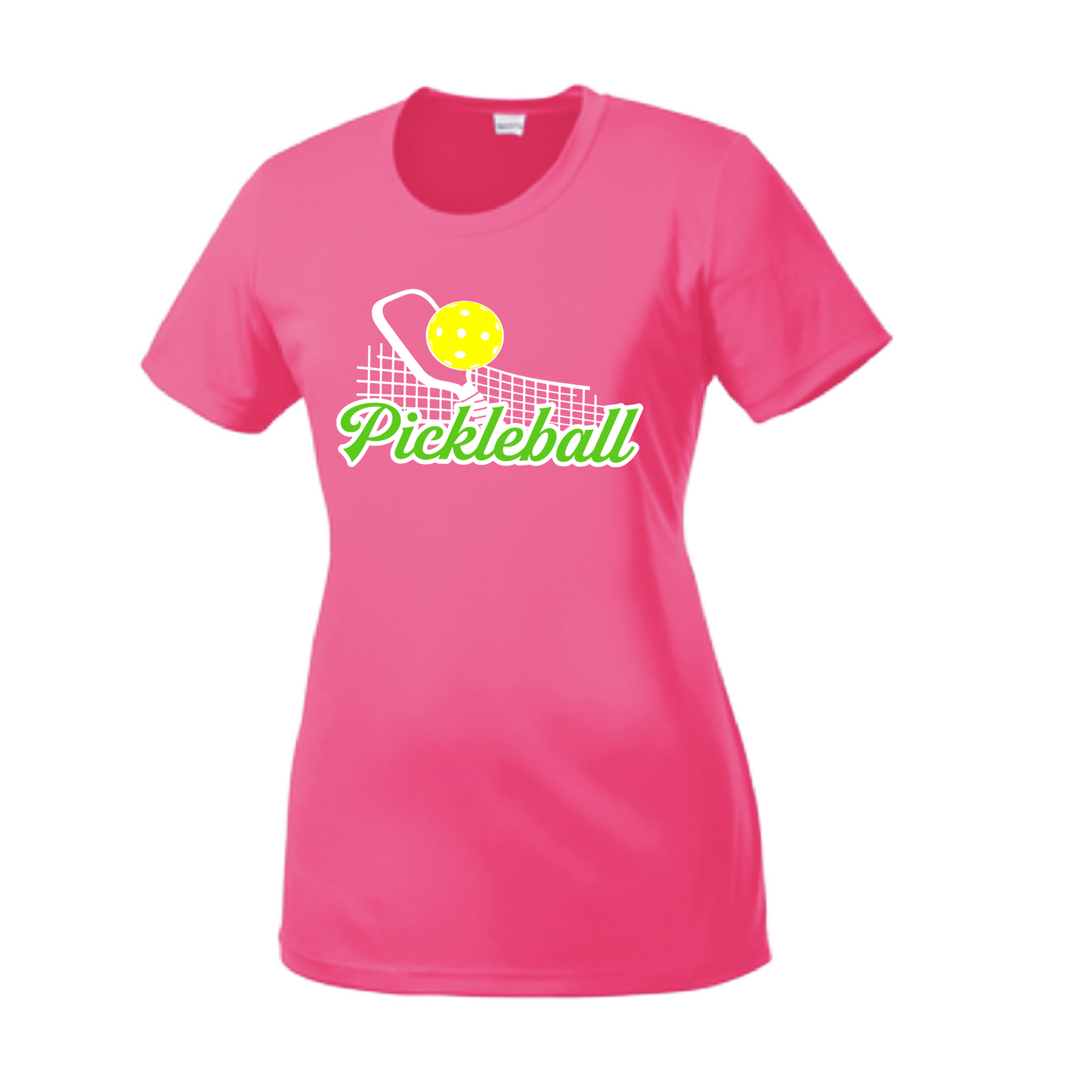 Pickleball Design: Pickleball and Net  Women's Style: Short Sleeve Crew-Neck  Turn up the volume in this Women's shirt with its perfect mix of softness and attitude. Material is ultra-comfortable with moisture wicking properties and tri-blend softness. PosiCharge technology locks in color. Highly breathable and lightweight.