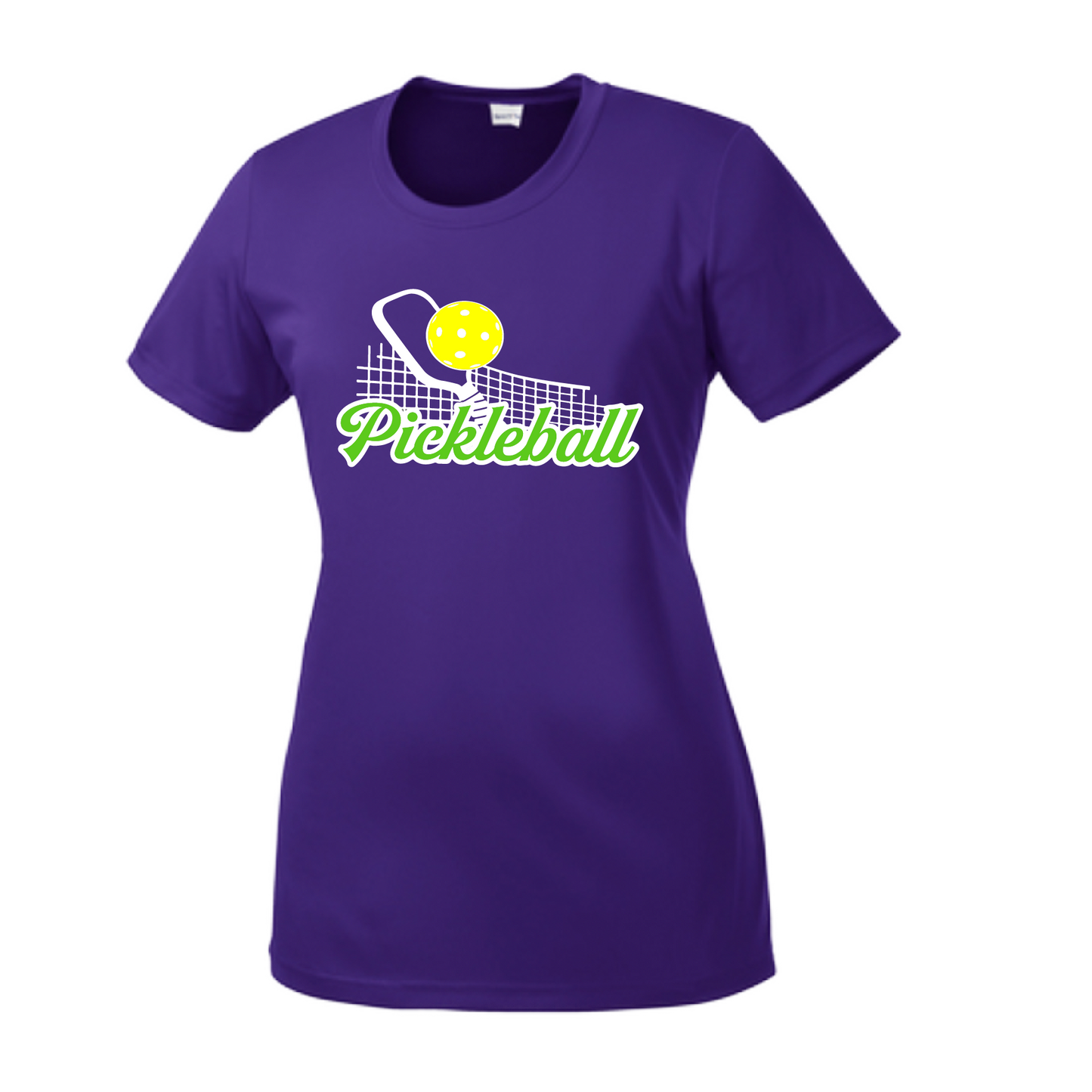 Pickleball Design: Pickleball and Net  Women's Style: Short Sleeve Crew-Neck  Turn up the volume in this Women's shirt with its perfect mix of softness and attitude. Material is ultra-comfortable with moisture wicking properties and tri-blend softness. PosiCharge technology locks in color. Highly breathable and lightweight.