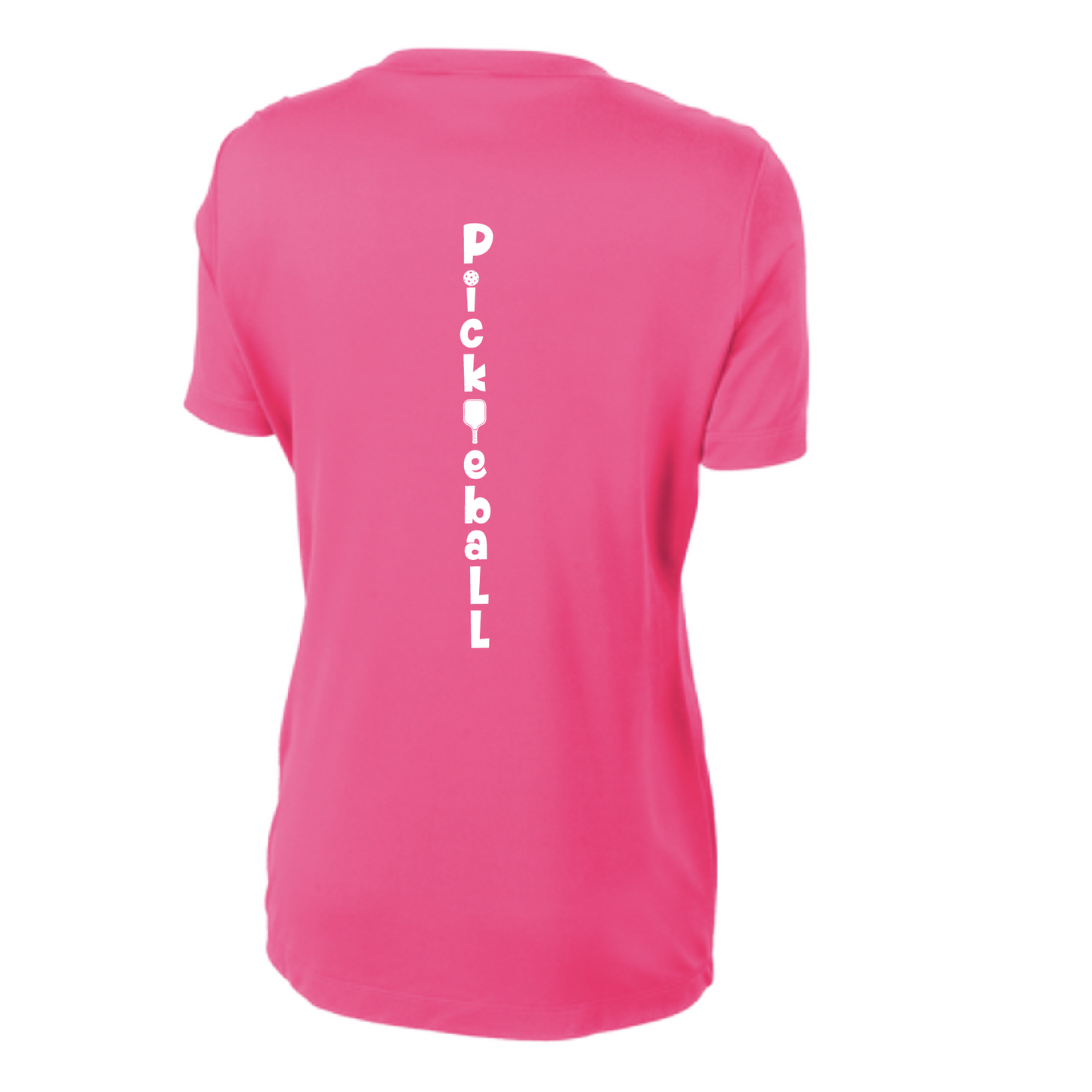 Pickleball Design: Pickleball Vertical Customizable Location  Women's Style: Short-Sleeve Crew-Neck  Shirt are lightweight, roomy and highly breathable. These moisture-wicking shirts are designed for athletic performance. They feature PosiCharge technology to lock in color and prevent logos from fading. Removable tag and set-in sleeves for comfort.