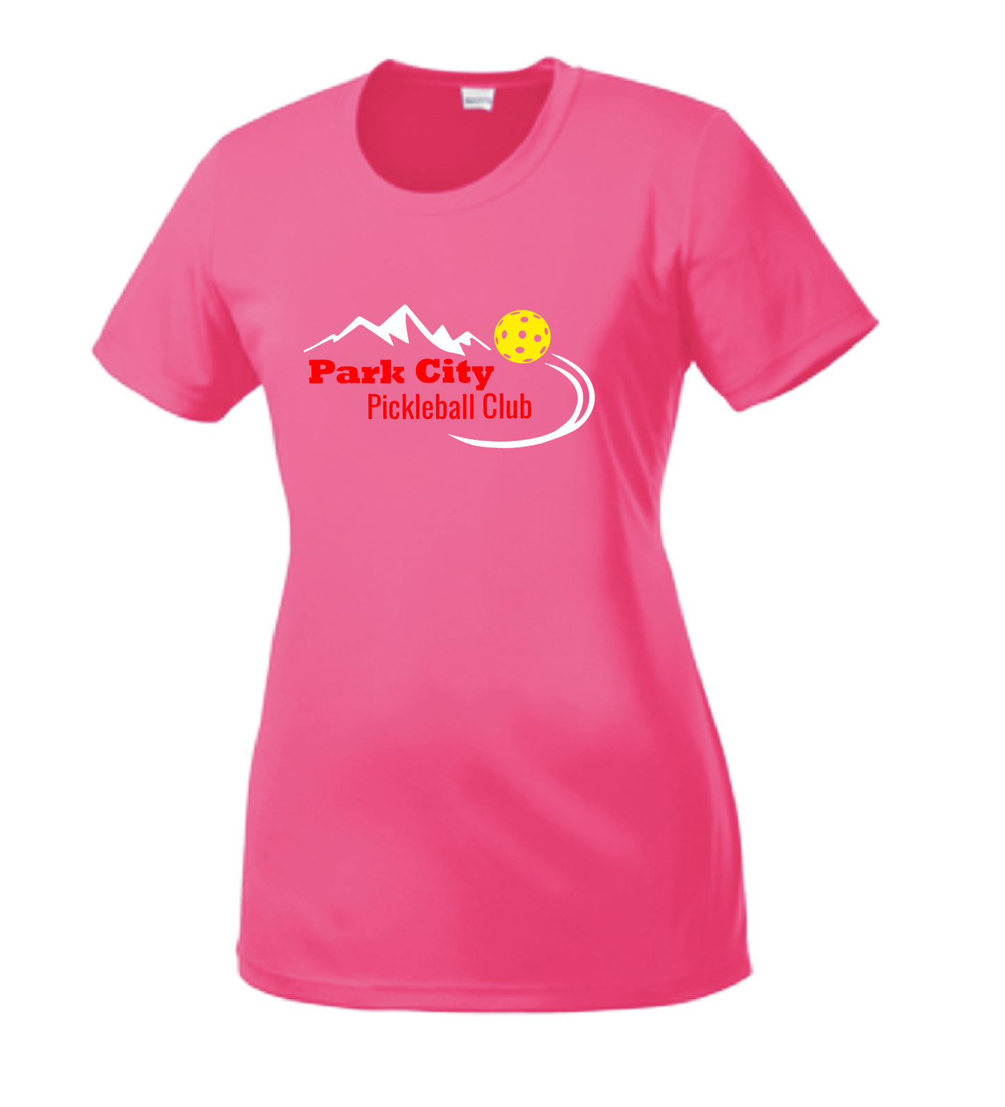 Pickleball Design: Park City Pickleball Club (red words)  Women's Style:  Short-Sleeve Crew-Neck  Shirts are lightweight, roomy and highly breathable. These moisture-wicking shirts are designed for athletic performance. They feature PosiCharge technology to lock in color and prevent logos from fading. Removable tag and set-in sleeves for comfort.