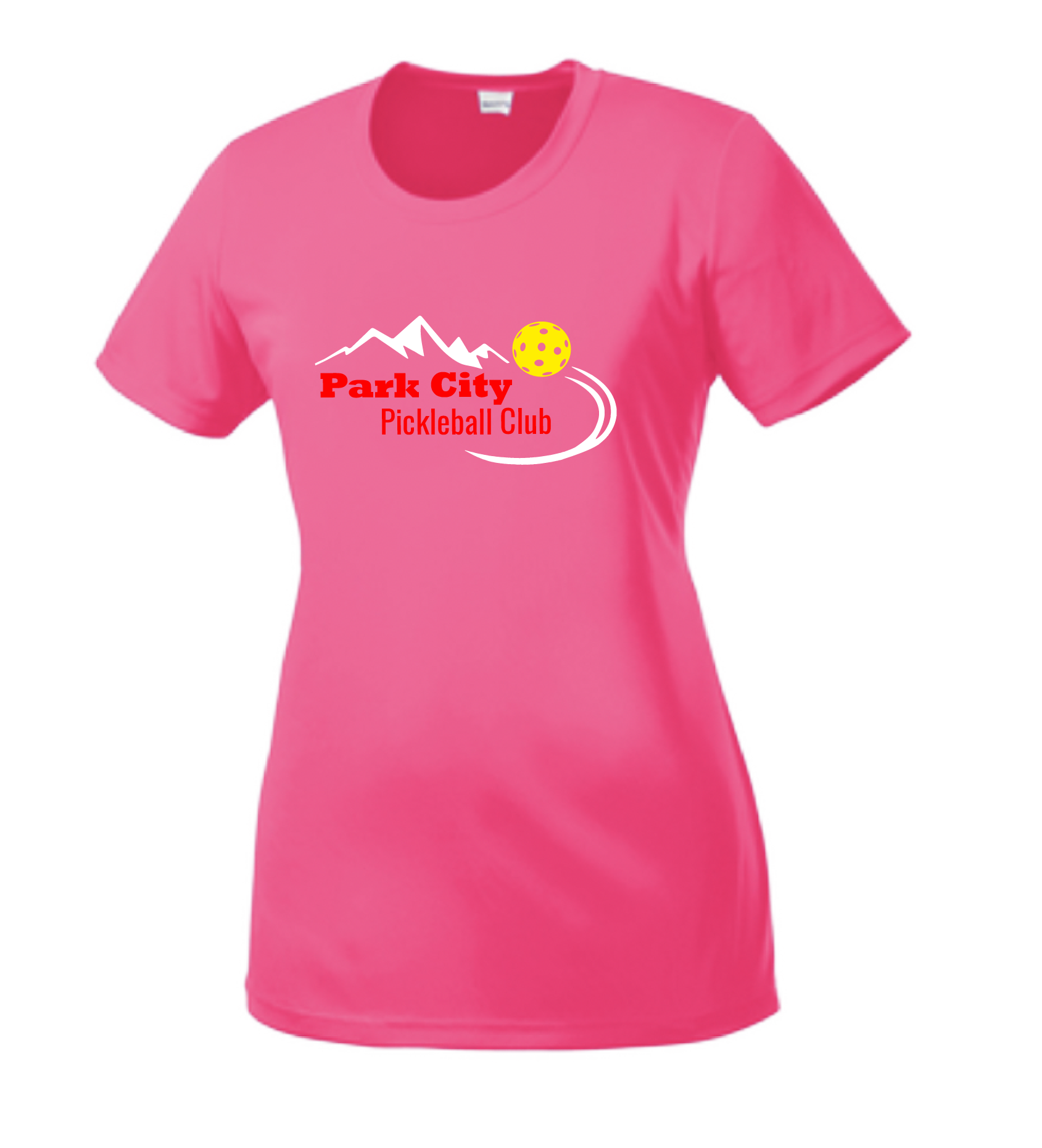 Pickleball Design: Park City Pickleball Club (red words)  Women's Style:  Short-Sleeve Crew-Neck  Shirts are lightweight, roomy and highly breathable. These moisture-wicking shirts are designed for athletic performance. They feature PosiCharge technology to lock in color and prevent logos from fading. Removable tag and set-in sleeves for comfort.