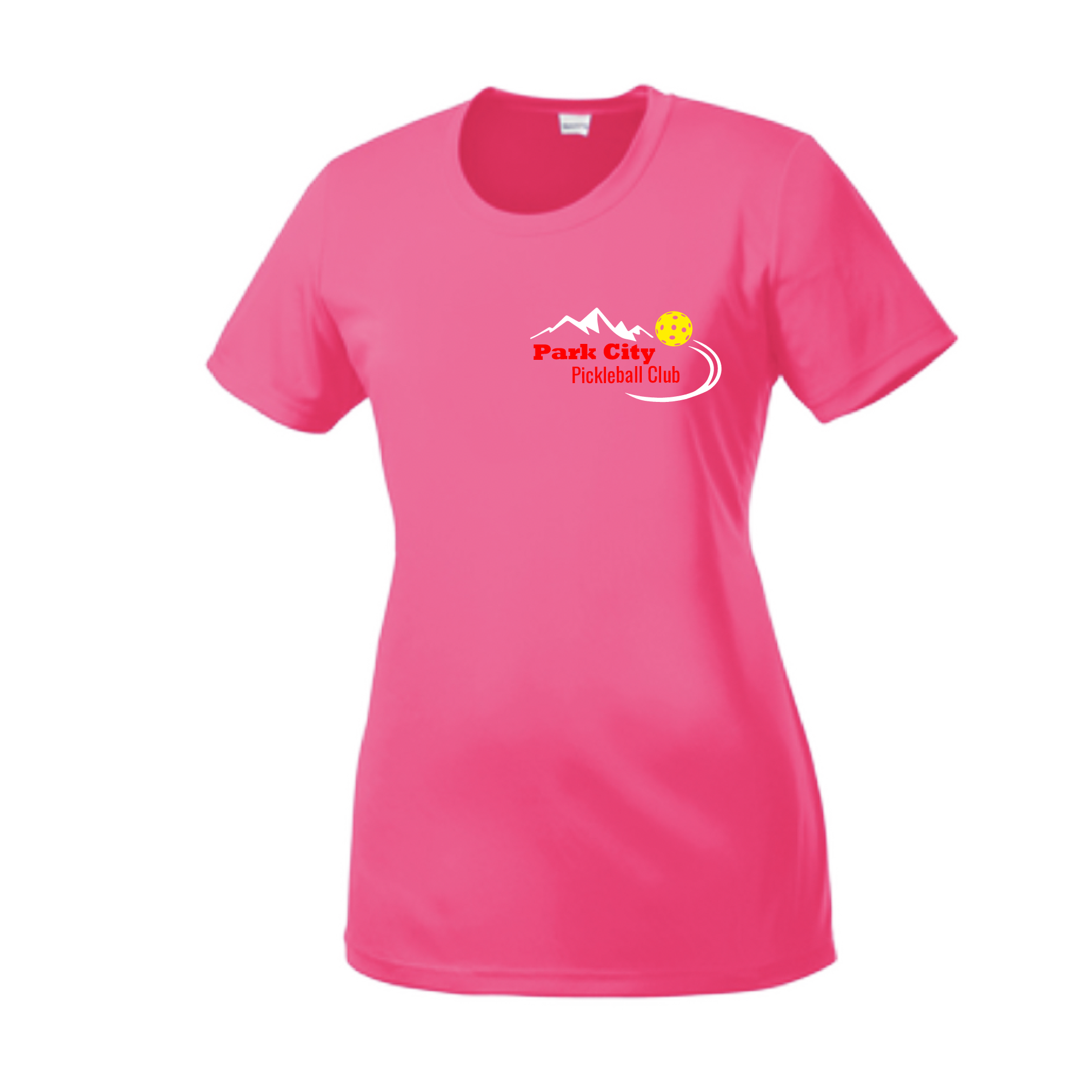 Pickleball Design: Park City Pickleball Club (red words)  Women's Style:  Short-Sleeve Crew-Neck  Shirts are lightweight, roomy and highly breathable. These moisture-wicking shirts are designed for athletic performance. They feature PosiCharge technology to lock in color and prevent logos from fading. Removable tag and set-in sleeves for comfort.