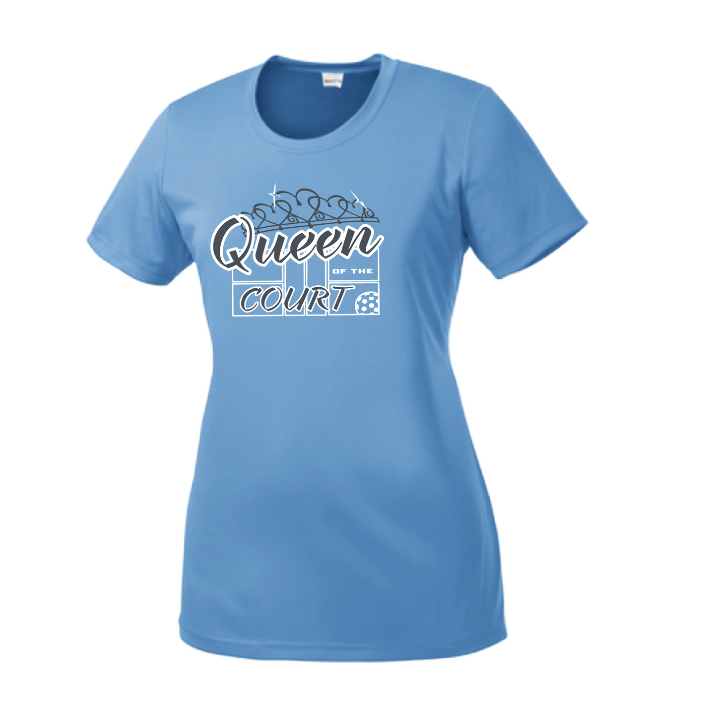 Pickleball Design: Queen of the Court  Women's Style: Short Sleeve Crew-Neck  Turn up the volume in this Women's shirt with its perfect mix of softness and attitude. Material is ultra-comfortable with moisture wicking properties and tri-blend softness. PosiCharge technology locks in color. Highly breathable and lightweight.