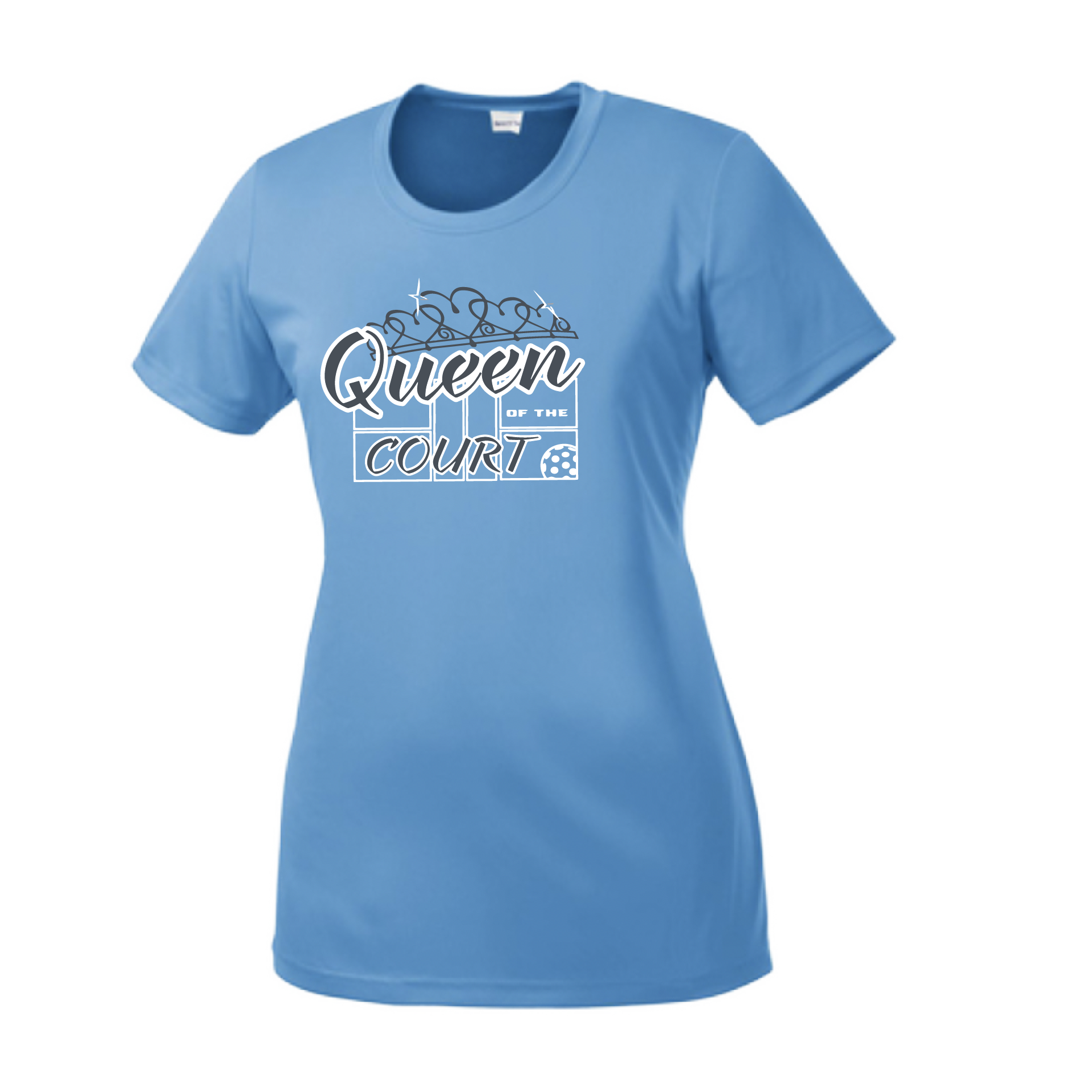 Pickleball Design: Queen of the Court  Women's Style: Short Sleeve Crew-Neck  Turn up the volume in this Women's shirt with its perfect mix of softness and attitude. Material is ultra-comfortable with moisture wicking properties and tri-blend softness. PosiCharge technology locks in color. Highly breathable and lightweight.