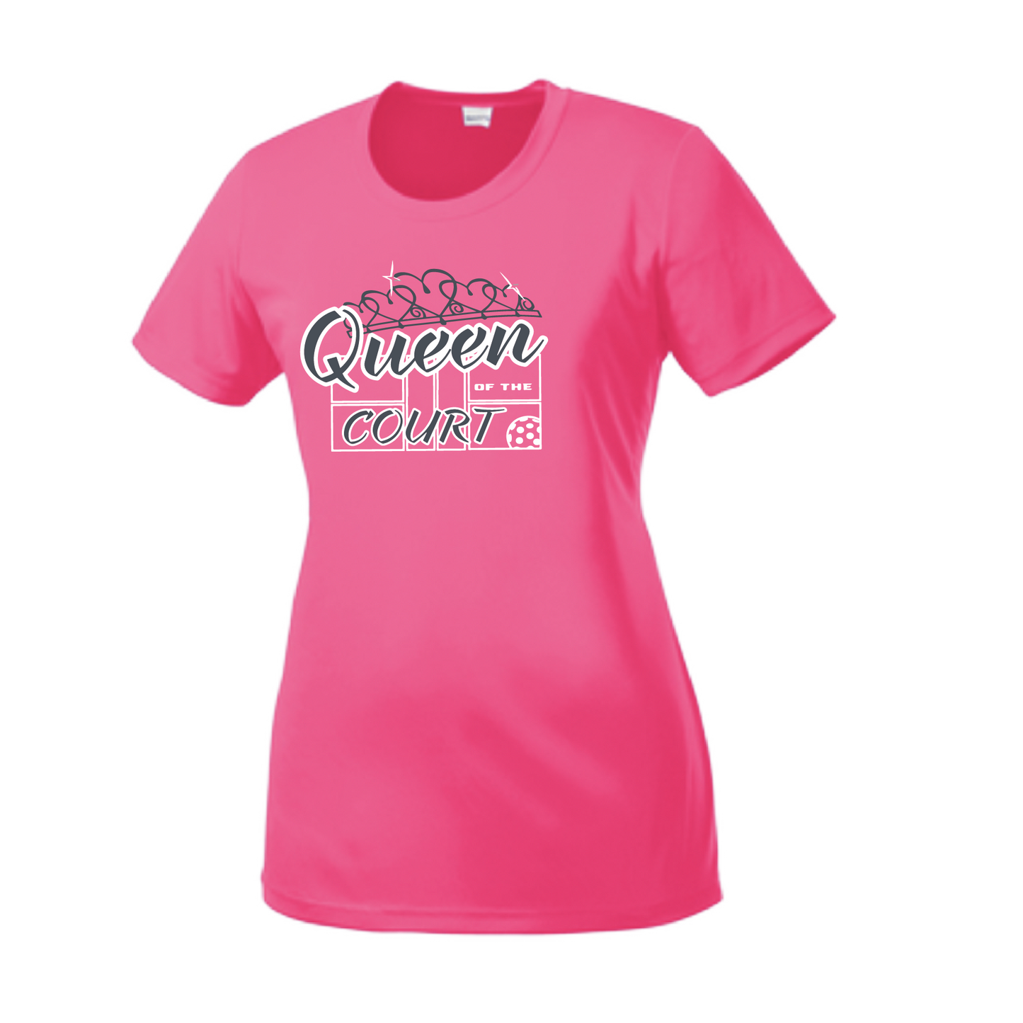 Pickleball Design: Queen of the Court  Women's Style: Short Sleeve Crew-Neck  Turn up the volume in this Women's shirt with its perfect mix of softness and attitude. Material is ultra-comfortable with moisture wicking properties and tri-blend softness. PosiCharge technology locks in color. Highly breathable and lightweight.