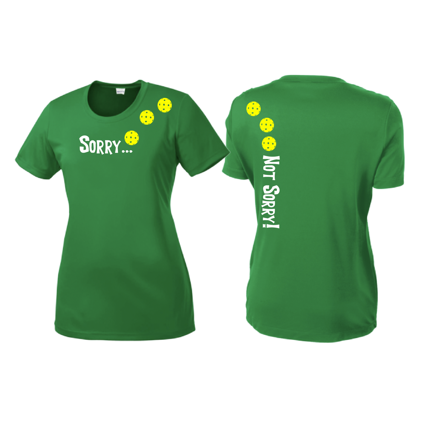 Pickleball Design: Sorry...Not Sorry with Customizable Ball Color - Choose: White, Yellow or Pink Women's Styles: Short-Sleeve Crew Neck Turn up the volume in this Women's shirt with its perfect mix of softness and attitude. Material is ultra-comfortable with moisture wicking properties and tri-blend softness. PosiCharge technology locks in color. Highly breathable and lightweight.