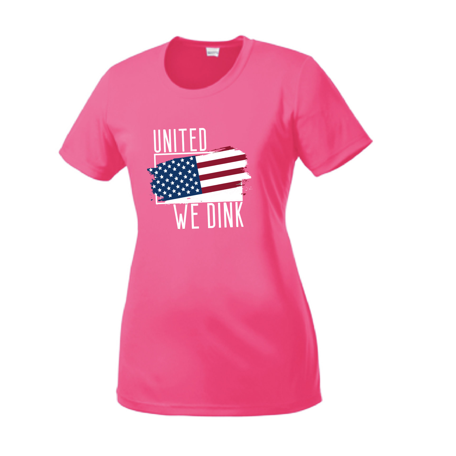 Pickleball Design: United We Dink  Women's Styles: Short-Sleeve Crew-Neck  Turn up the volume in this Women's shirt with its perfect mix of softness and attitude. Material is ultra-comfortable with moisture wicking properties and tri-blend softness. PosiCharge technology locks in color. Highly breathable and lightweight.