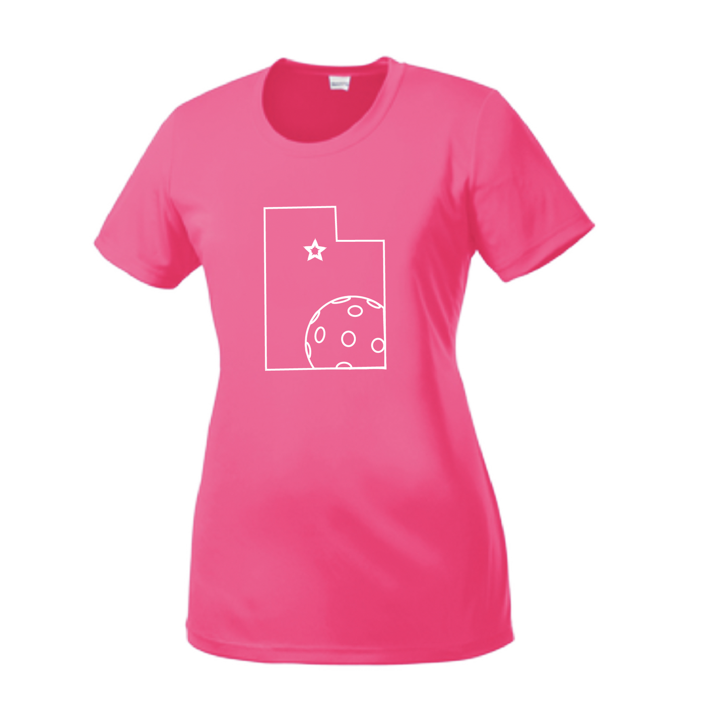 Pickleball Design: Utah Pickleball.   Women's Styles: Short-Sleeve Crew-Neck  Turn up the volume in this Women's shirt with its perfect mix of softness and attitude. Material is ultra-comfortable with moisture wicking properties and tri-blend softness. PosiCharge technology locks in color. Highly breathable and lightweight.