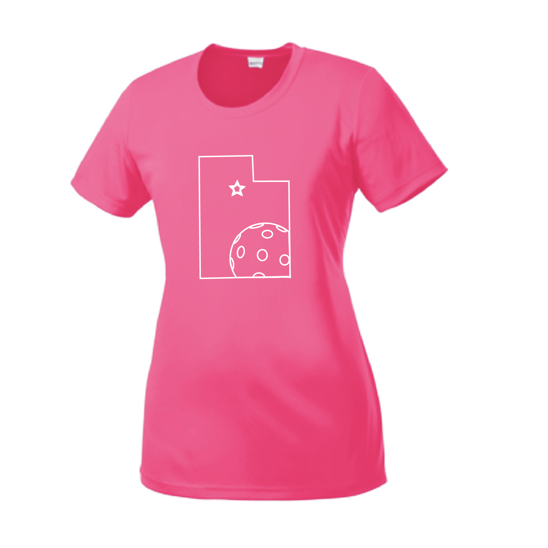 Pickleball Design: Utah Pickleball.   Women's Styles: Short-Sleeve Crew-Neck  Turn up the volume in this Women's shirt with its perfect mix of softness and attitude. Material is ultra-comfortable with moisture wicking properties and tri-blend softness. PosiCharge technology locks in color. Highly breathable and lightweight.
