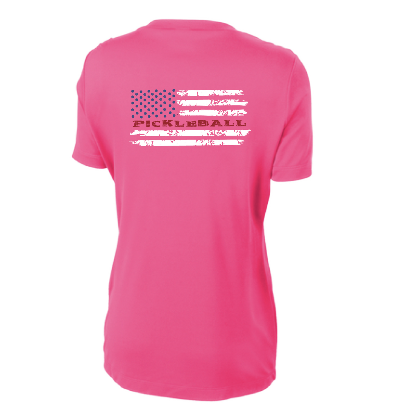 Pickleball Design: Flag Horizontal on Front or Back of Shirt  Women's Style: Short-Sleeve Crew-Neck  Turn up the volume in this Women's shirt with its perfect mix of softness and attitude. Material is ultra-comfortable with moisture wicking properties and tri-blend softness. PosiCharge technology locks in color. Highly breathable and lightweight.